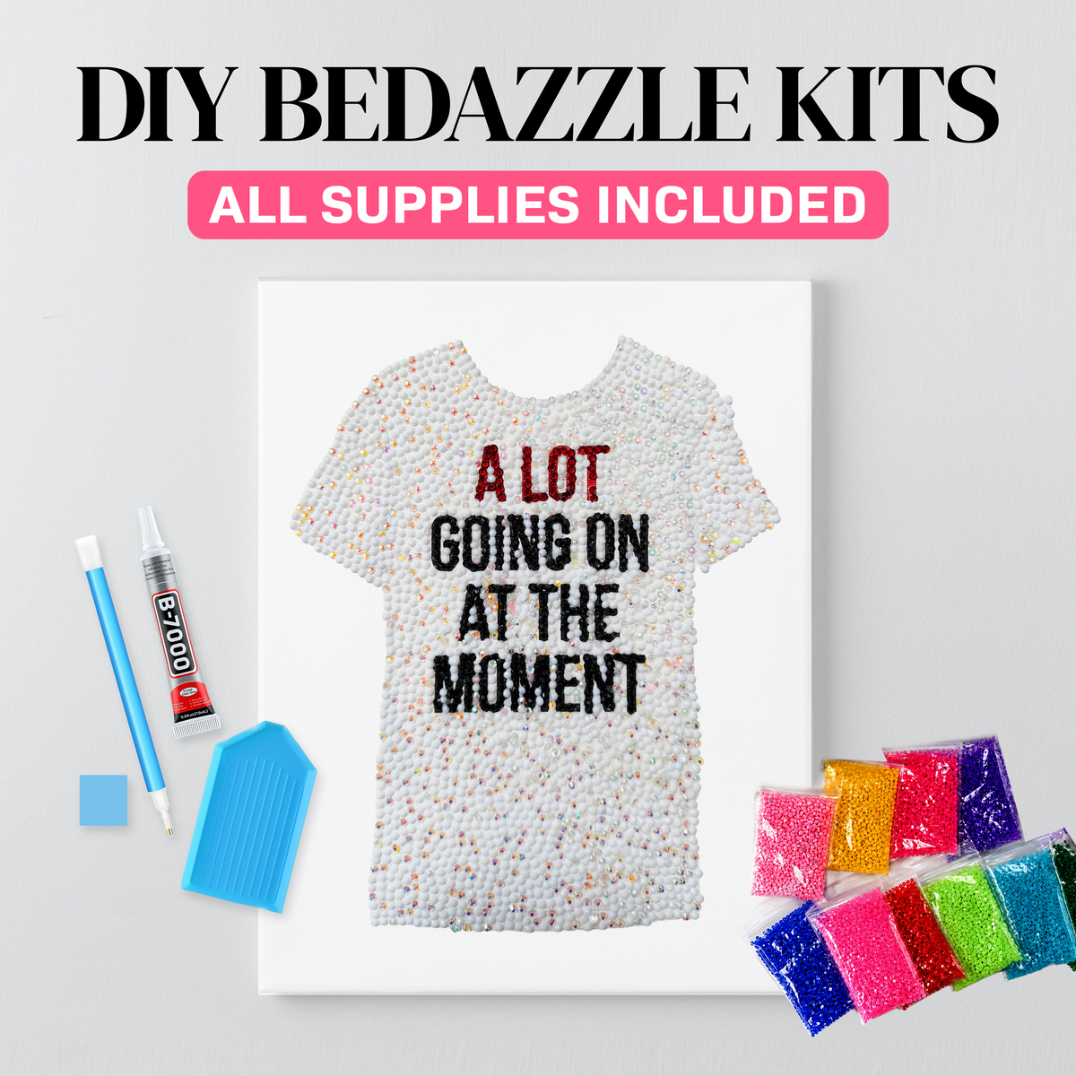 Red era slogan tee rhinestone canvas kit, close detail of the stones