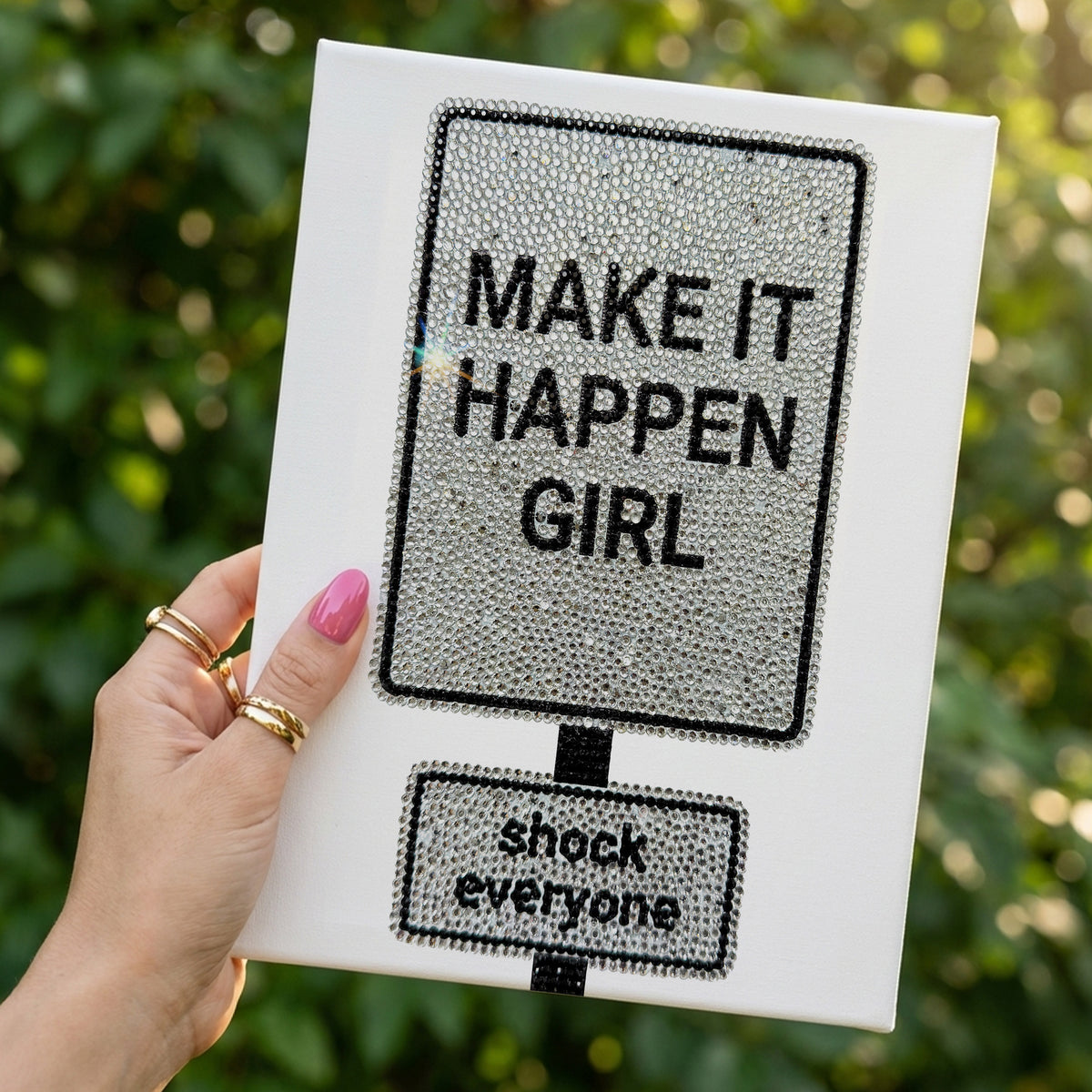DIY Rhinestone Canvas Kit by Haus of Moods featuring a glitter road sign wall art with bright, colorful rhinestones and a motivational message.