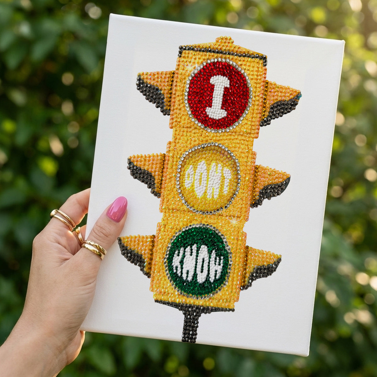 Haus of Moods Death By a Thousand Cuts traffic light DIY craft kit with rhinestone embellishments on a canvas.