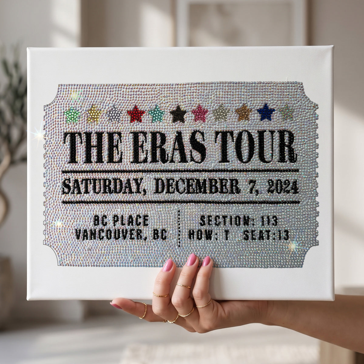 Eras Tour Ticket DIY bedazzle rhinestone canvas kit by Haus of Moods, shown with craft materials
