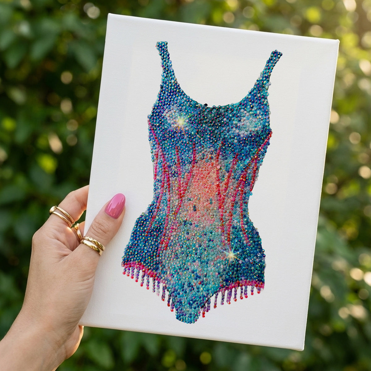Haus of Moods Lover Pink and Blue Bodysuit DIY craft kit with rhinestones, featuring colorful canvas and craft supplies.