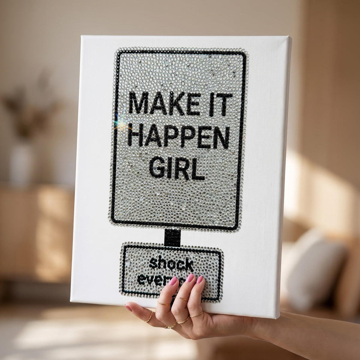 Make It Happen Girl DIY rhinestone canvas kit by Haus of Moods featuring a glitter road sign wall art design with rhinestones.