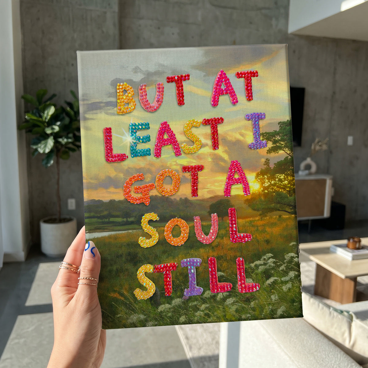 Haus of Moods DIY Rhinestone Canvas Kit inspired by Noah Kahan, featuring a colorful scene with rhinestones and artistic design.