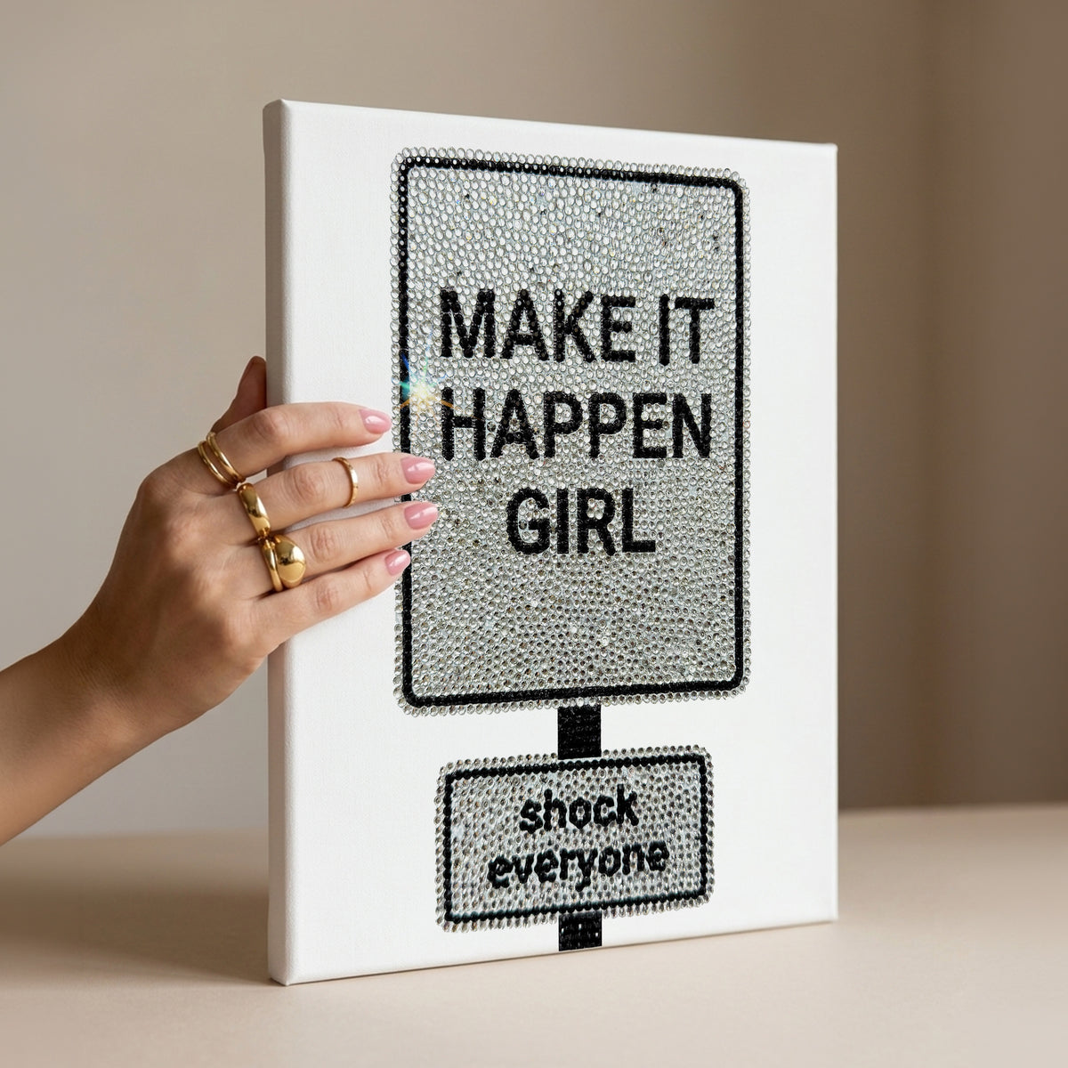 Haus of Moods Make It Happen Girl DIY rhinestone canvas kit featuring a glitter road sign wall art design.