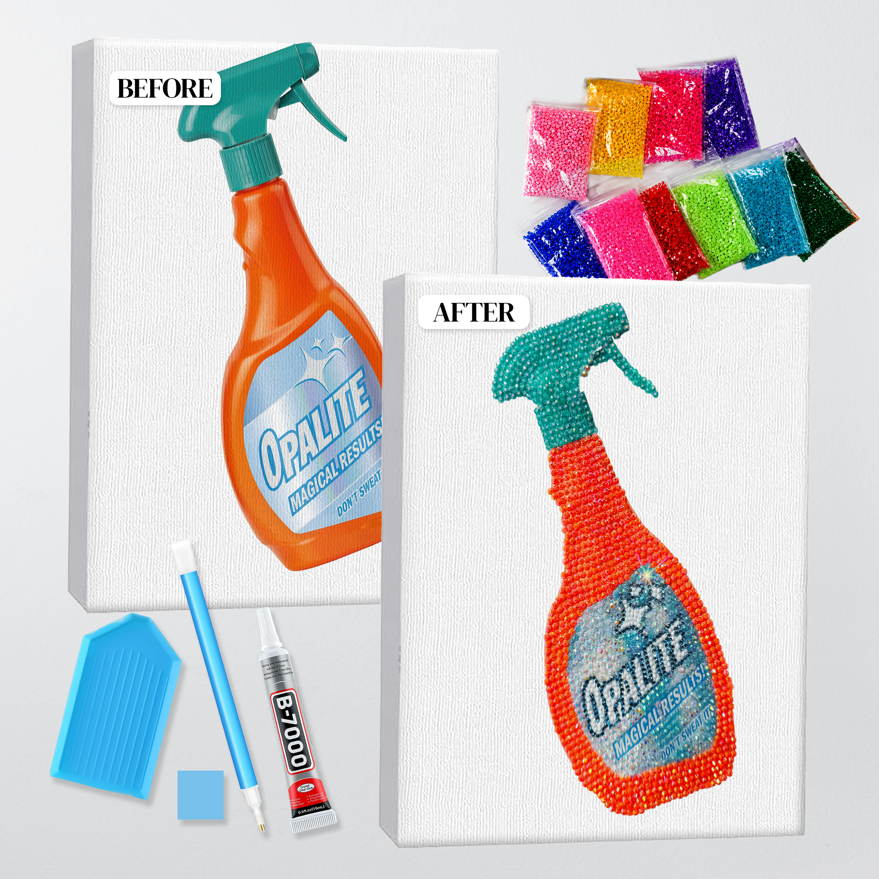 Before and after of the Opalite spray bottle bedazzle kit, printed canvas beside the finished rhinestone piece