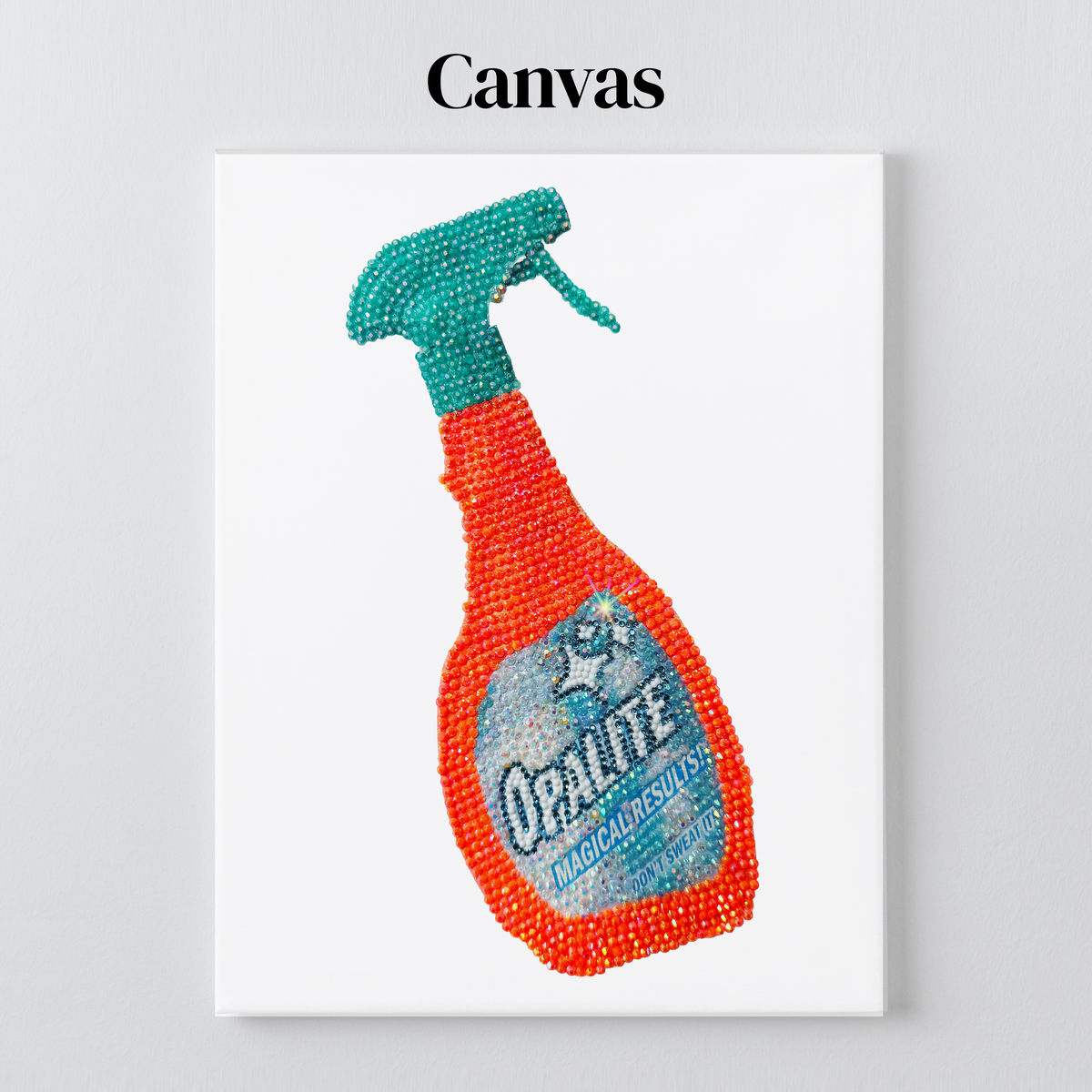 Opalite spray bottle rhinestone art on a stretched canvas with a 5/8 inch pine frame