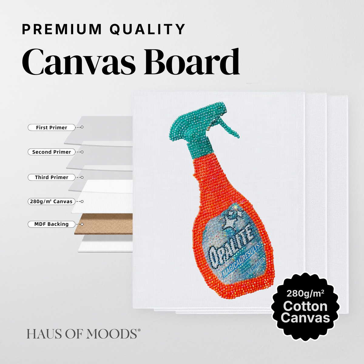 Opalite spray bottle canvas board rhinestone kit, close detail