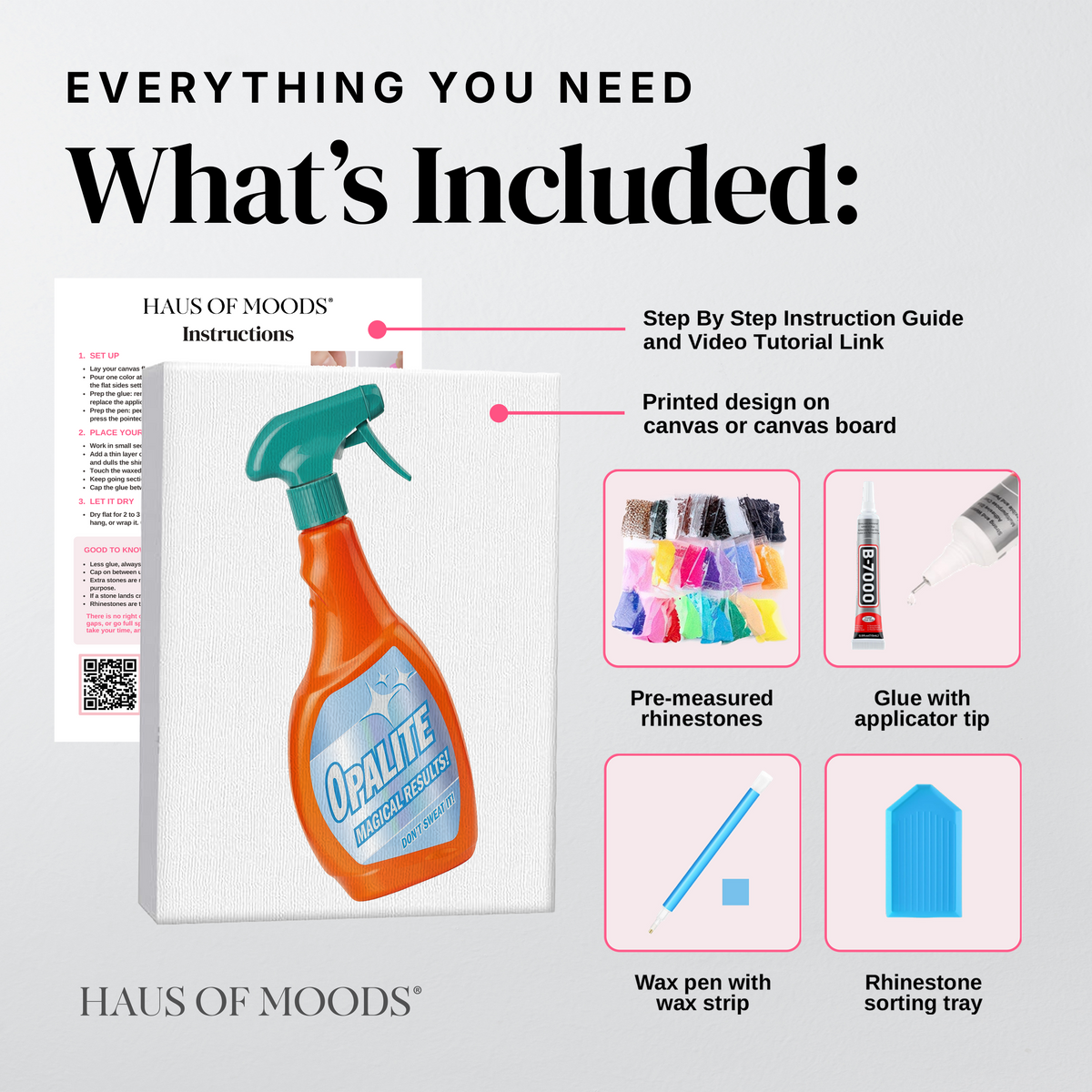 Everything included in the Opalite spray bottle DIY bedazzle kit: printed canvas, pre-sorted rhinestones, B-7000 glue, wax pen and sorting tray