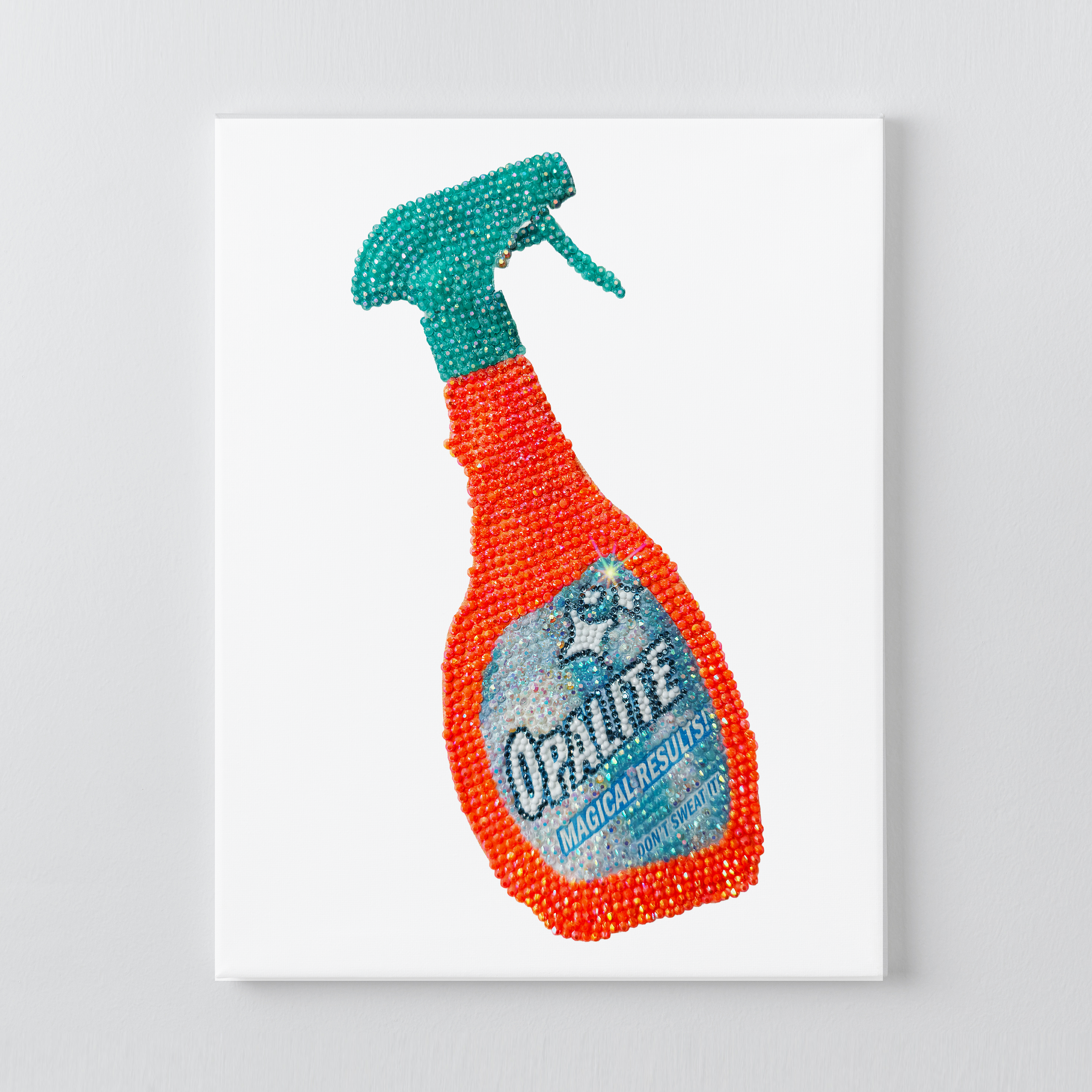 Opalite spray bottle DIY rhinestone canvas kit, finished orange and teal design