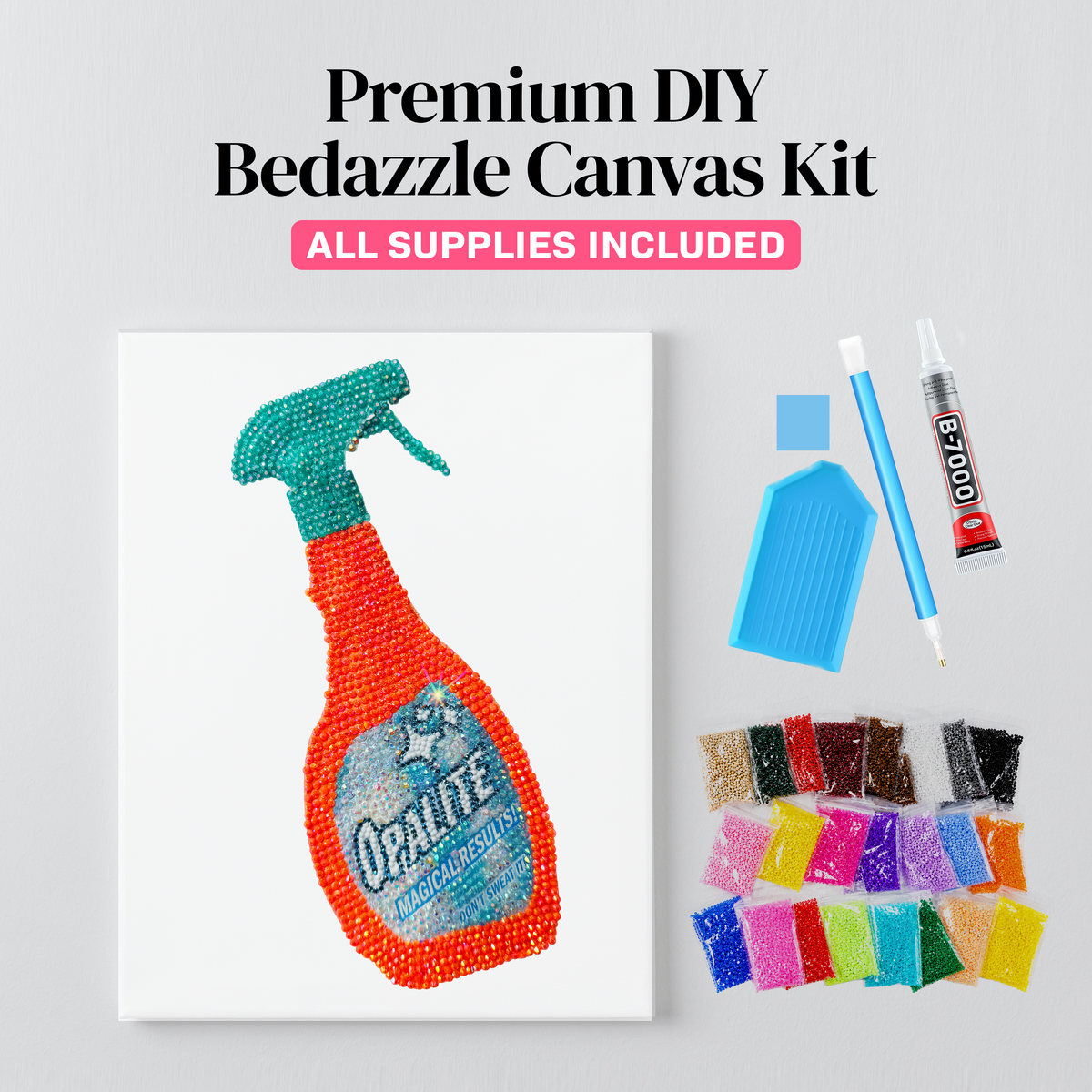 Opalite spray bottle rhinestone canvas kit styled on a wall