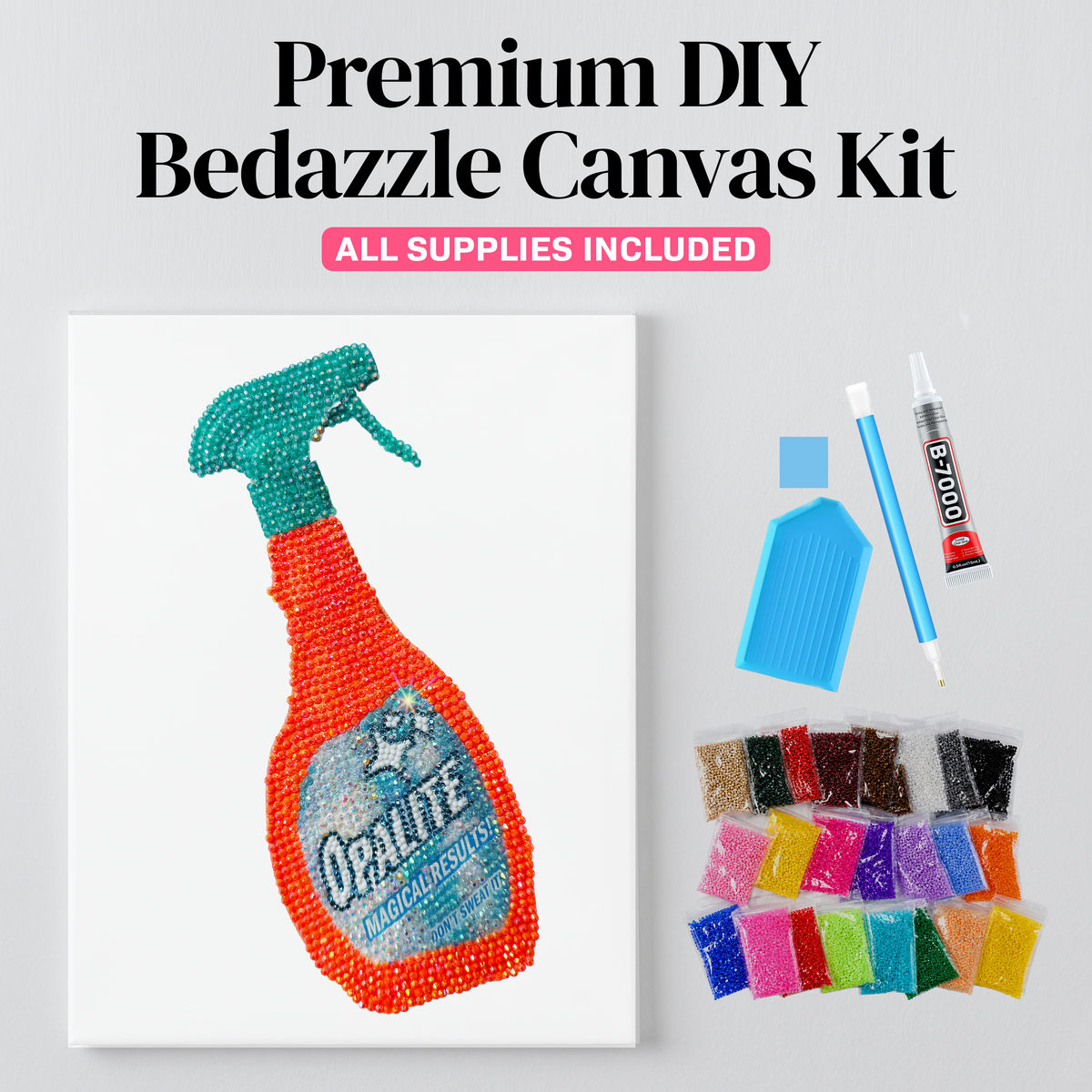 Opalite spray bottle rhinestone canvas kit, angled view