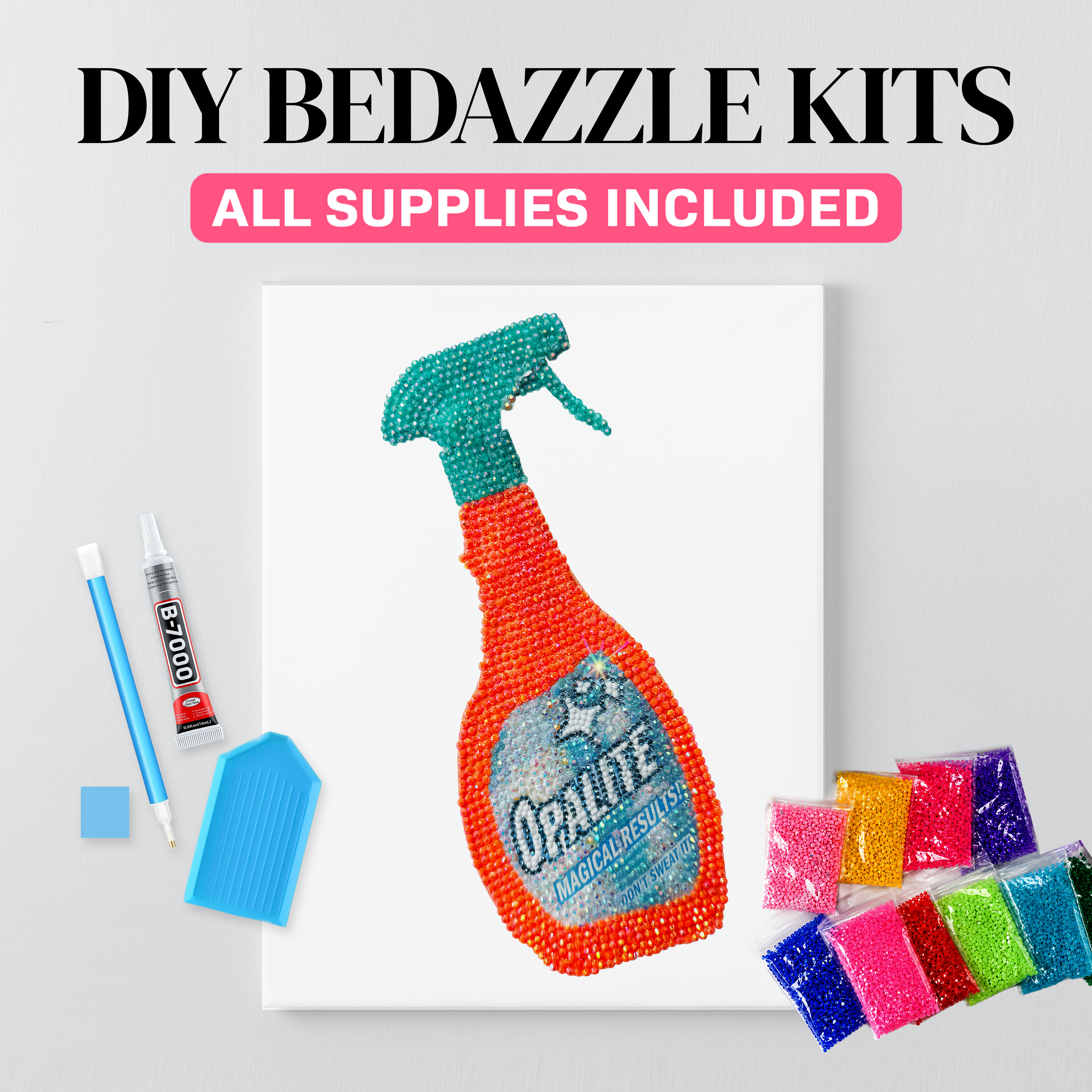 Opalite spray bottle rhinestone canvas kit, close detail of the stones