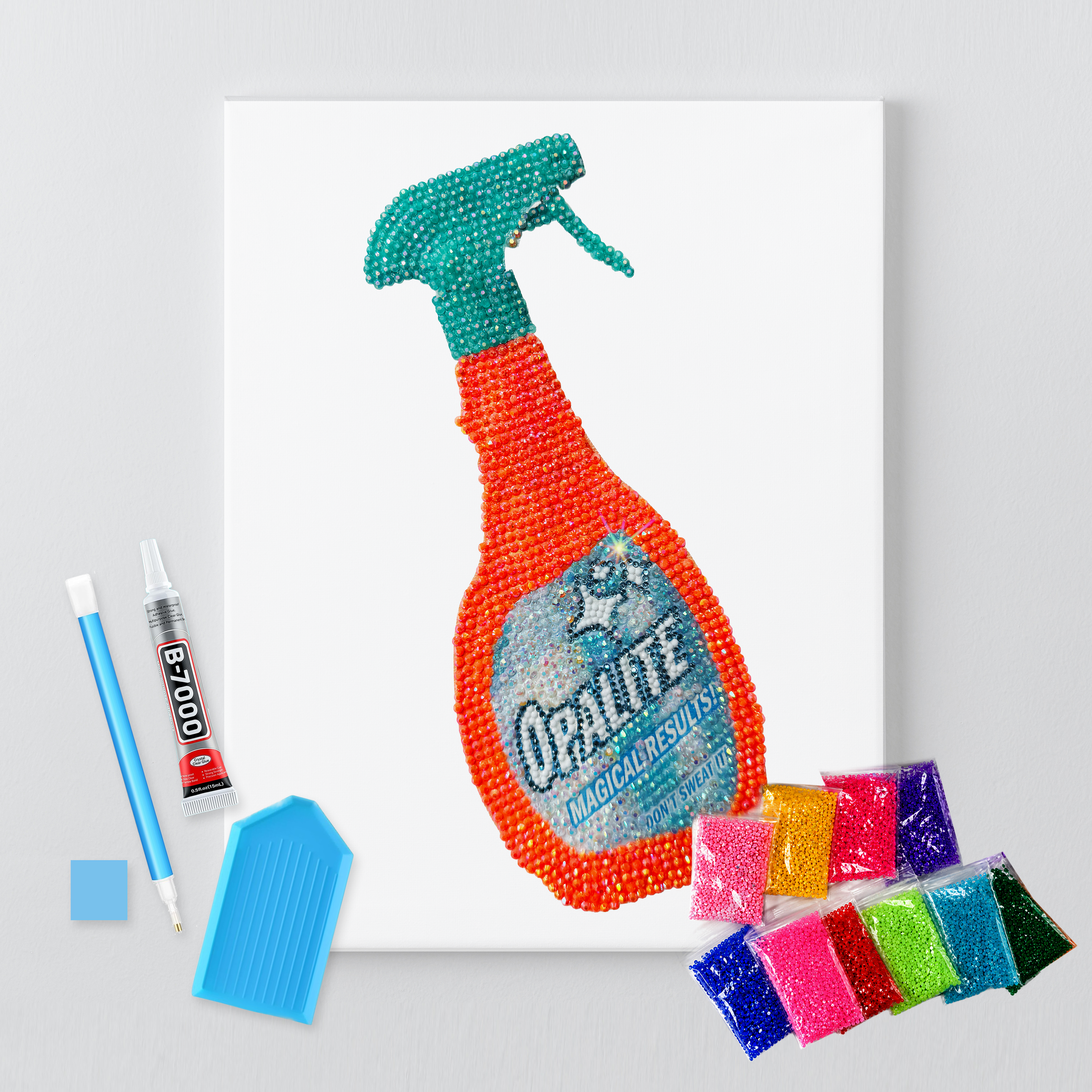 Opalite spray bottle rhinestone canvas kit shown in a styled room
