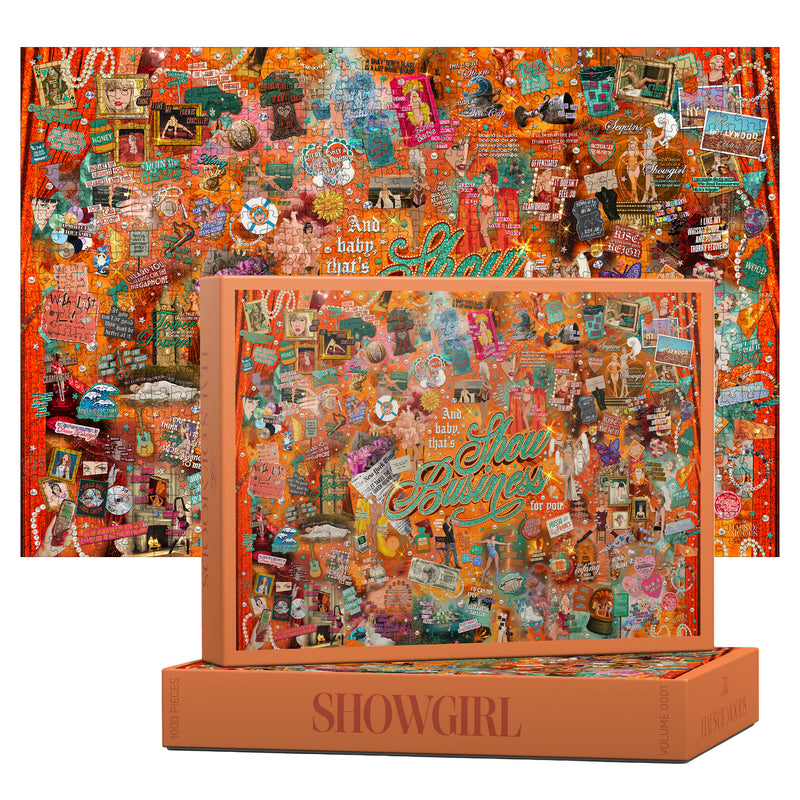 Haus Of Moods Showgirl Lyrics & Easter Eggs puzzle featuring colorful illustrations of a showgirl with lyrics and hidden Easter eggs.