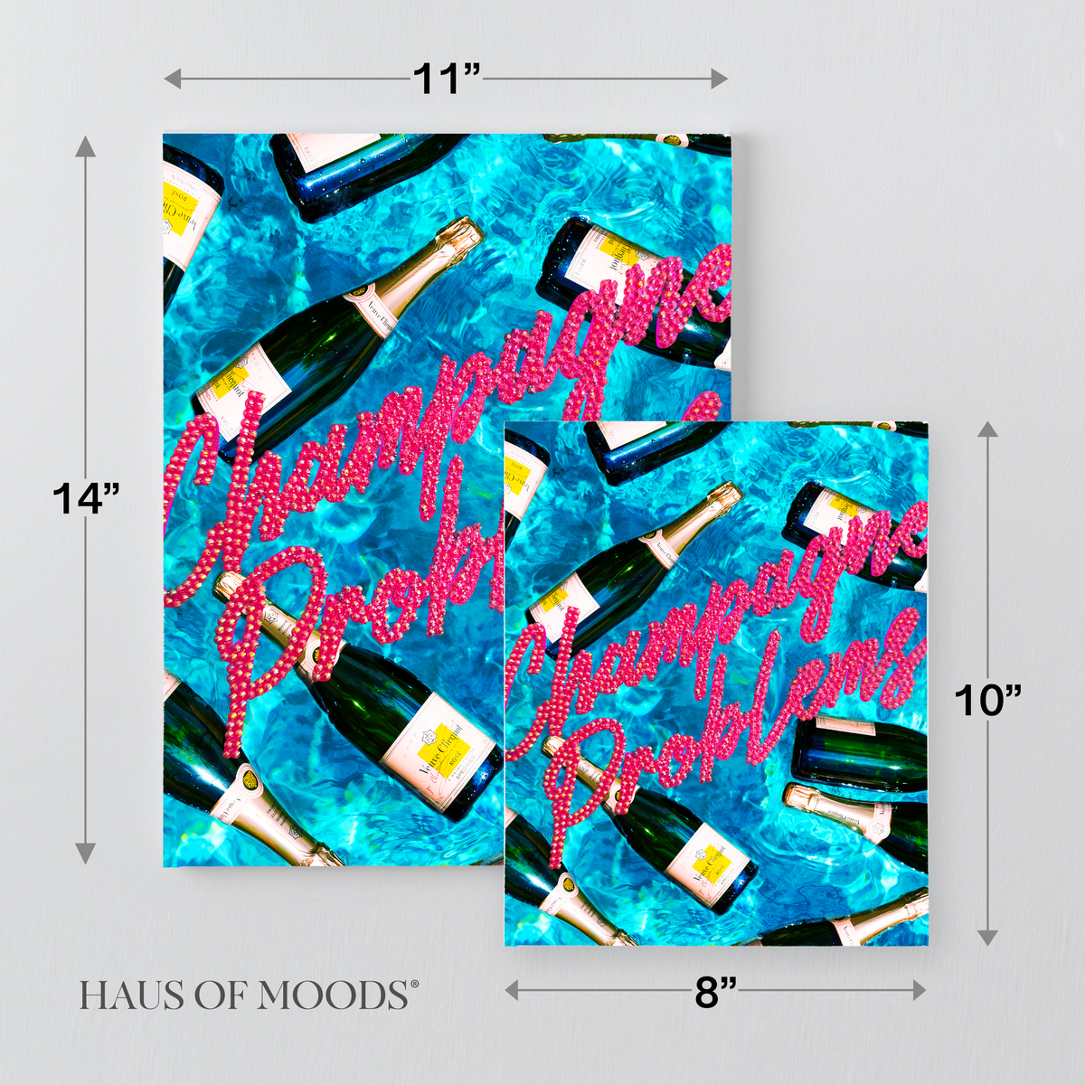 Champagne Problems bedazzle canvas kit size comparison, 8x10 and 11x14