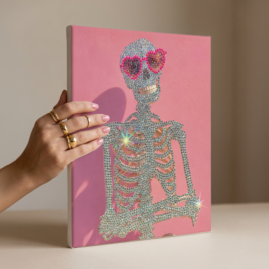 Pink Skeleton in Heart Sunglasses DIY Bedazzle Rhinestone Canvas Kit