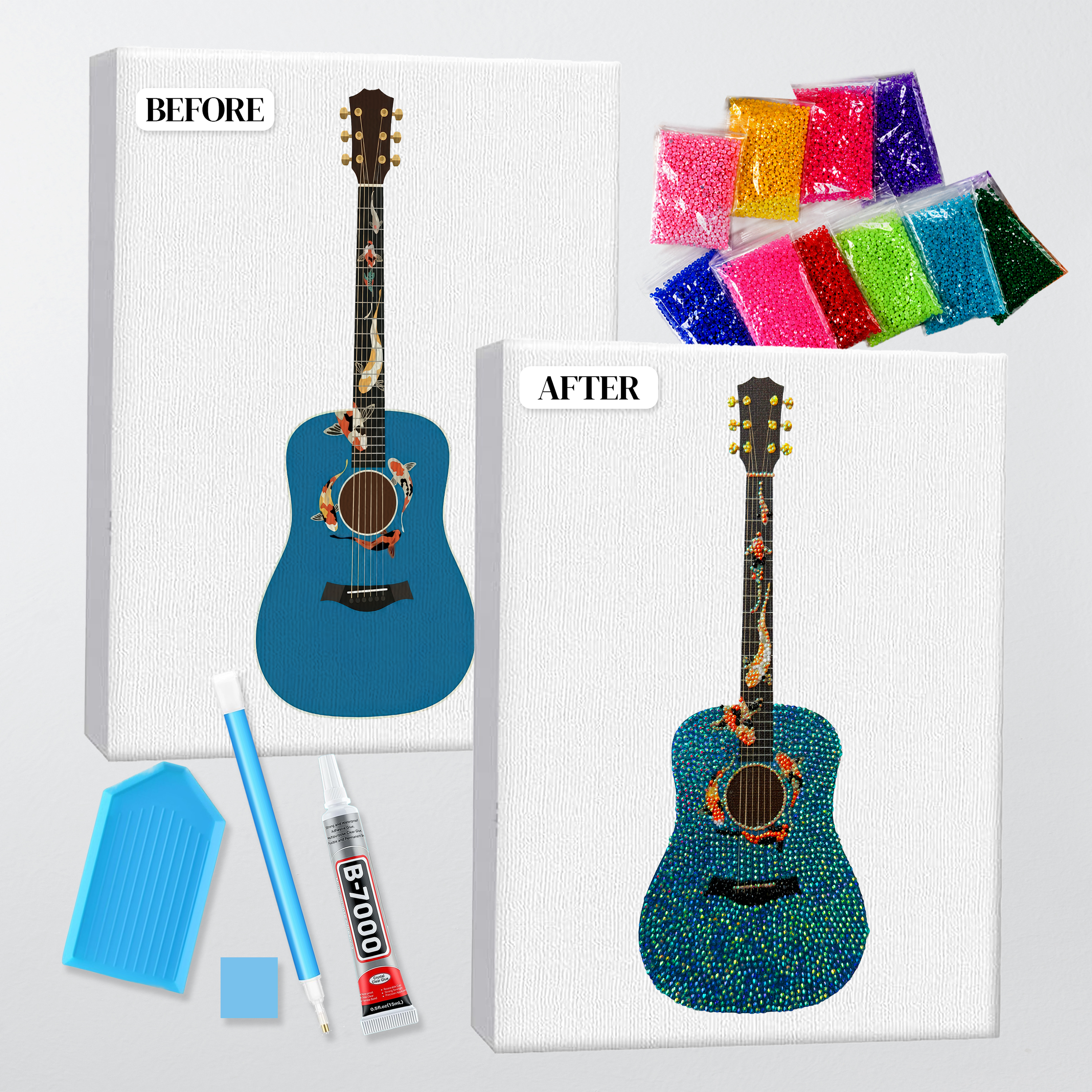 Before and after of the koi fish guitar bedazzle kit, printed canvas beside the finished rhinestone piece