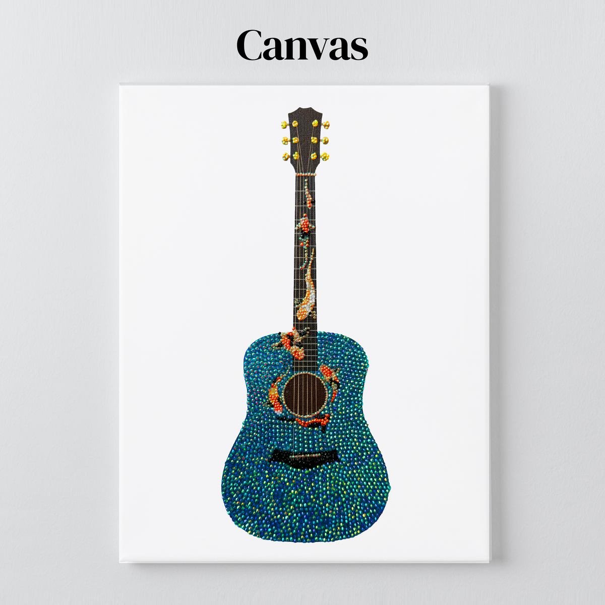 Koi fish guitar rhinestone art on a stretched canvas with a 5/8 inch pine frame