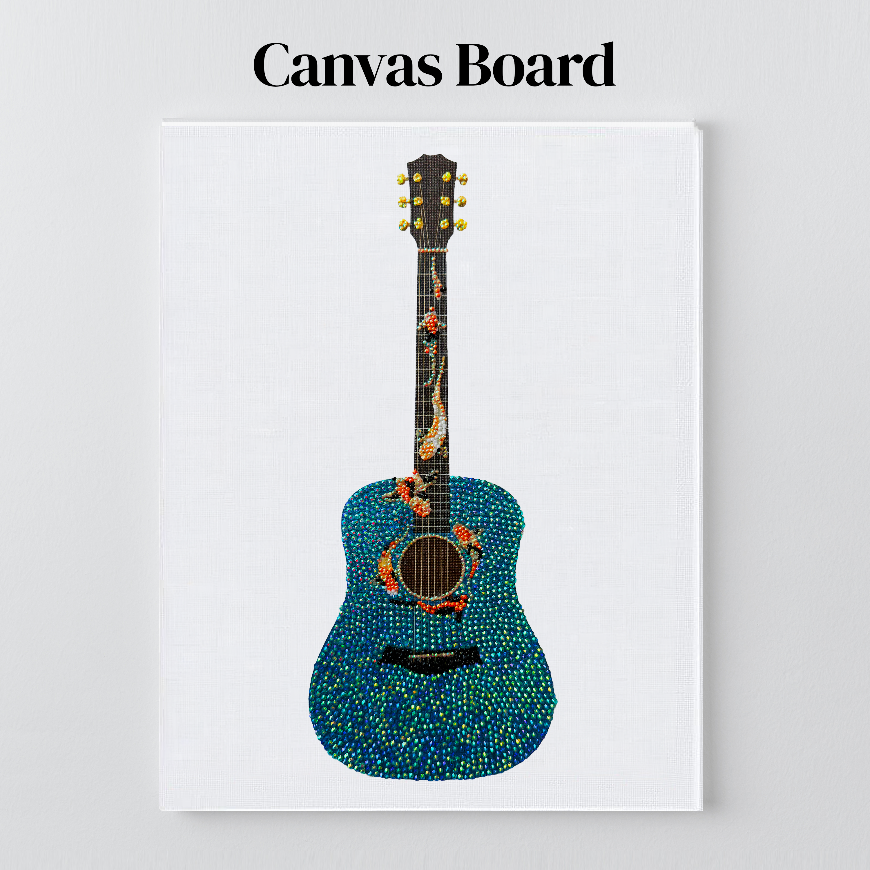 Koi fish guitar rhinestone art on a flat canvas board, ready to frame