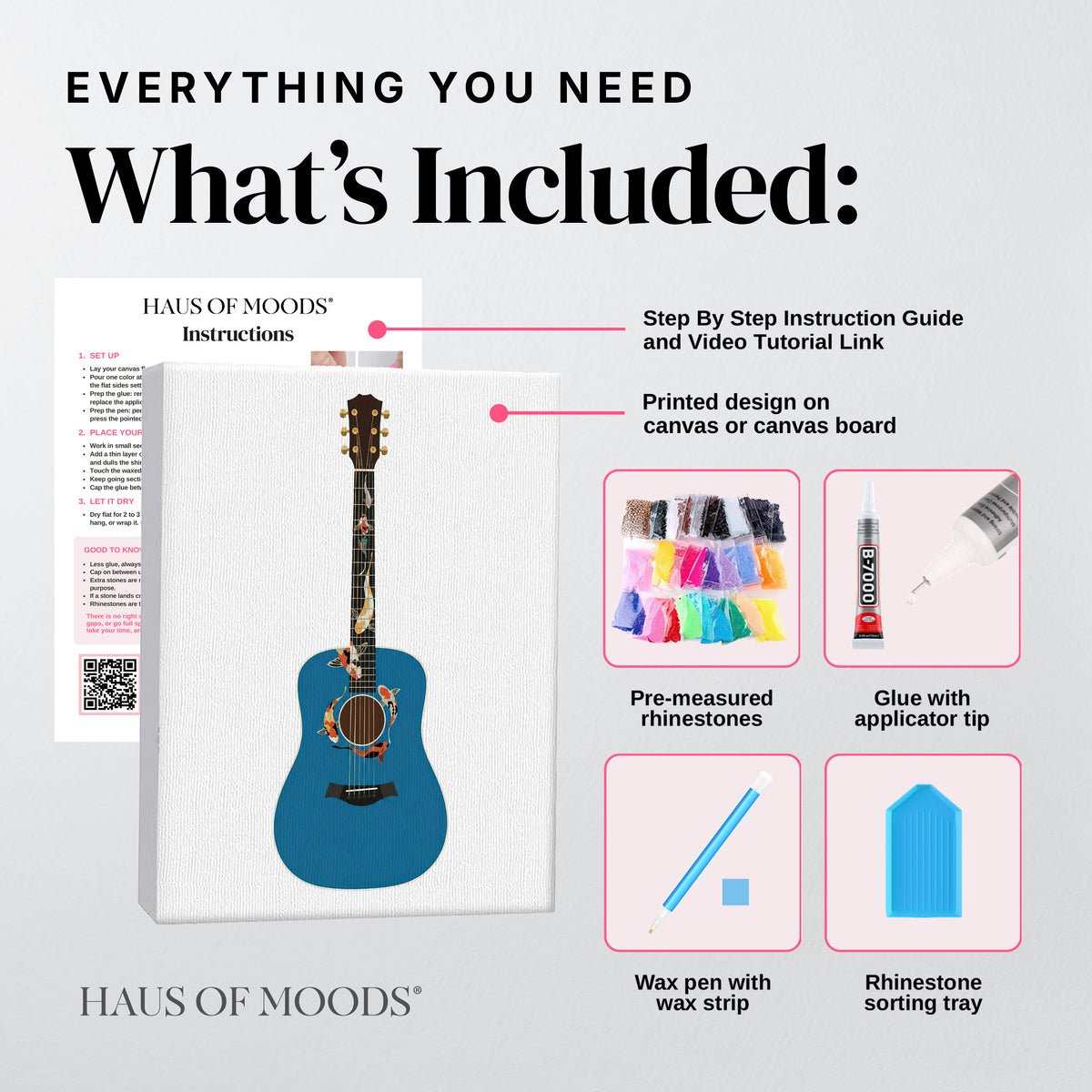 Everything included in the koi fish guitar DIY bedazzle kit: printed canvas, pre-sorted rhinestones, B-7000 glue, wax pen and sorting tray
