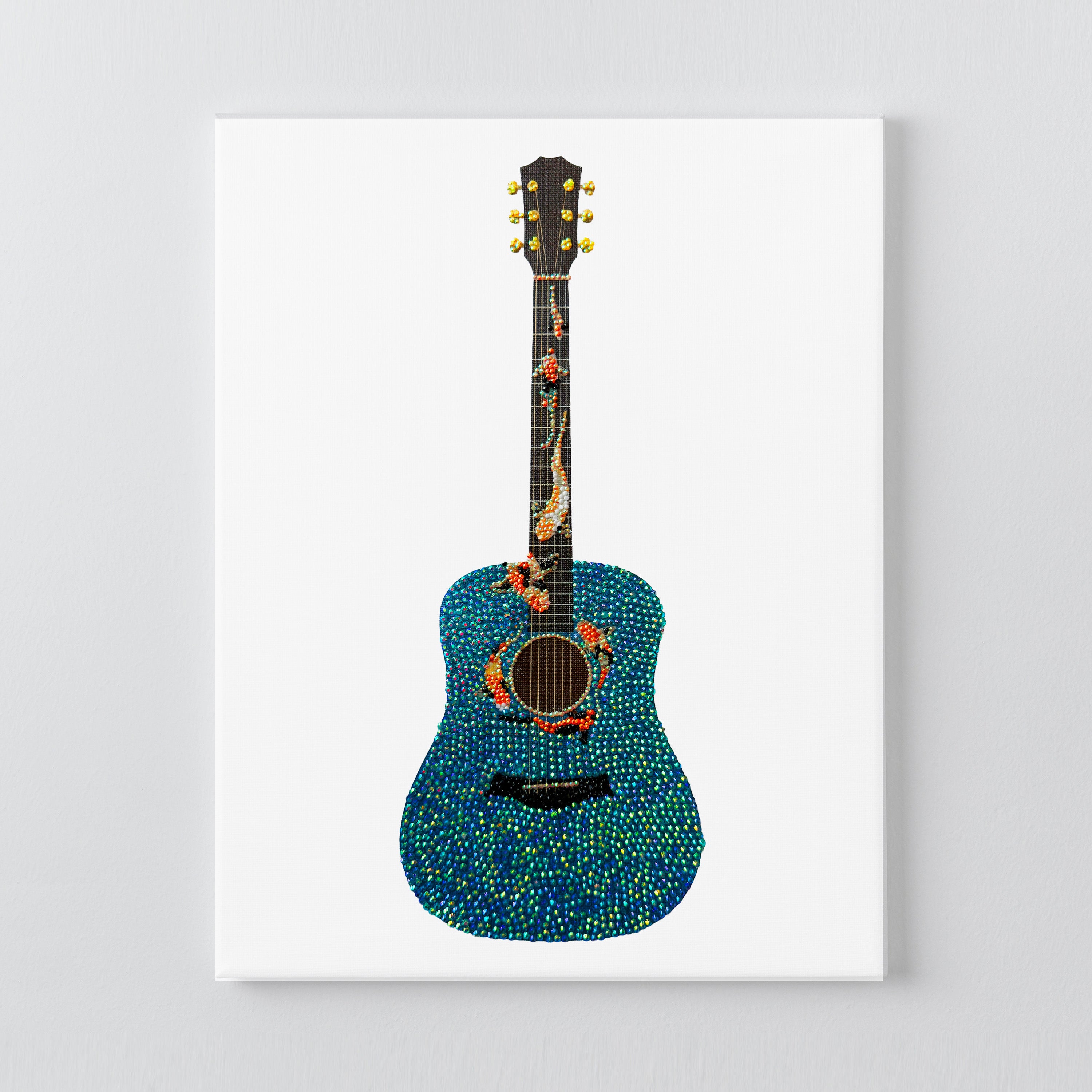Koi fish guitar DIY rhinestone canvas kit, finished teal and orange design