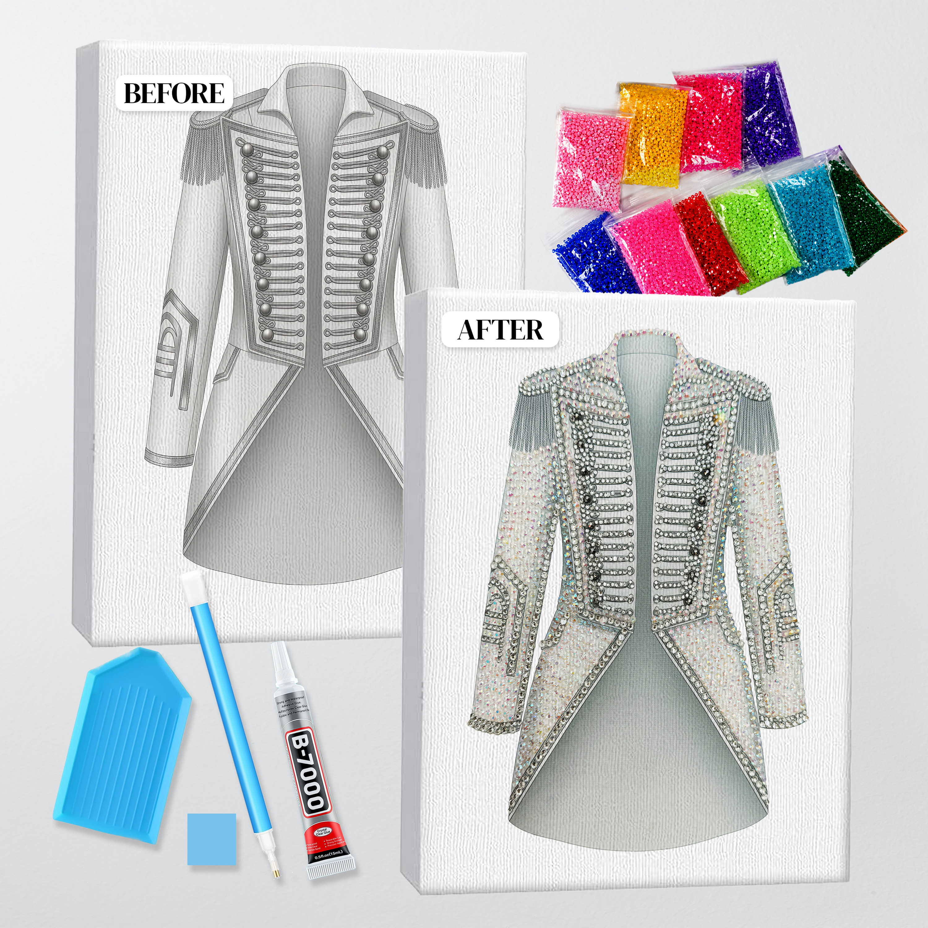 Before and after of the TTPD crystal tailcoat bedazzle kit, printed canvas beside the finished rhinestone piece