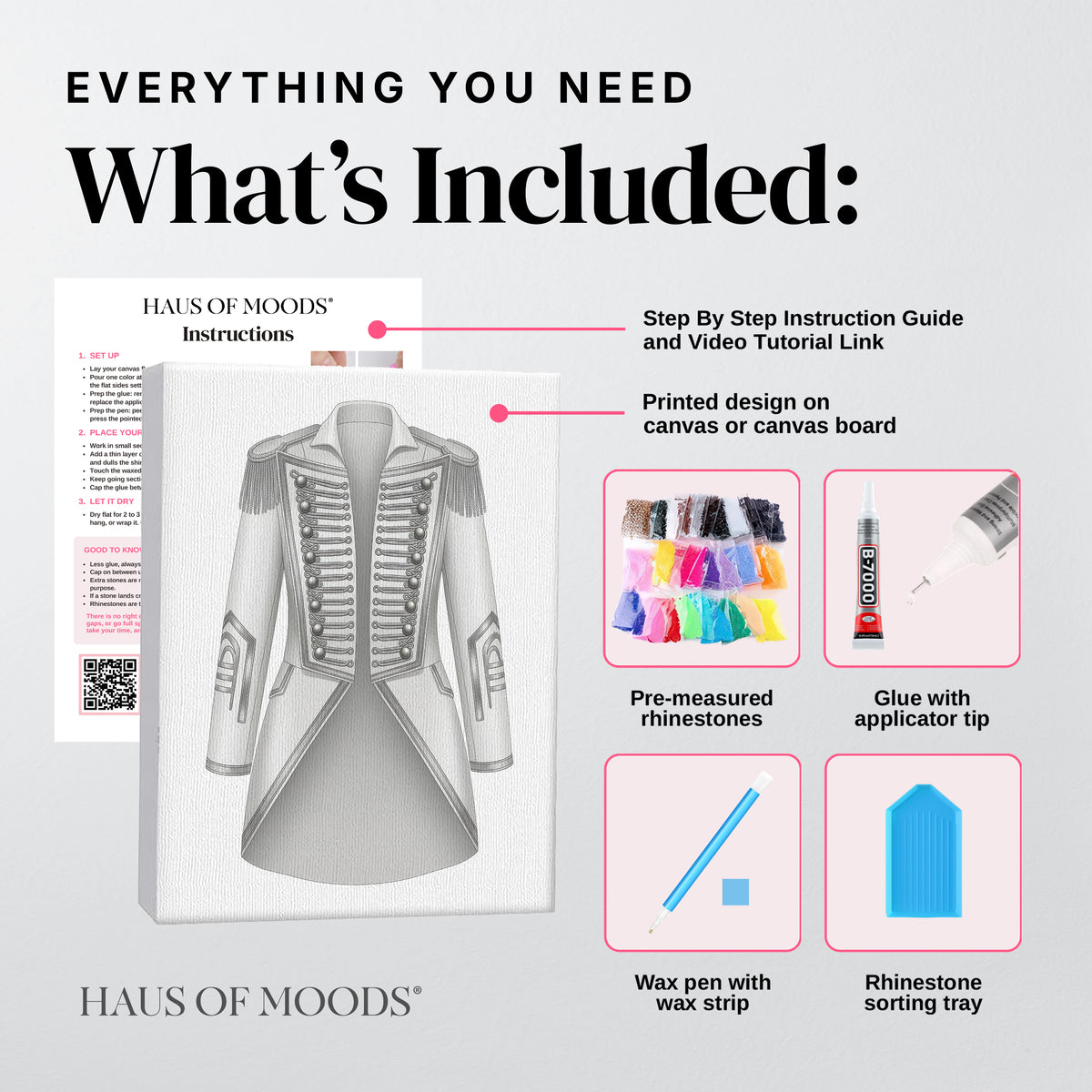 Everything included in the TTPD crystal tailcoat DIY bedazzle kit: printed canvas, pre-sorted rhinestones, B-7000 glue, wax pen and sorting tray