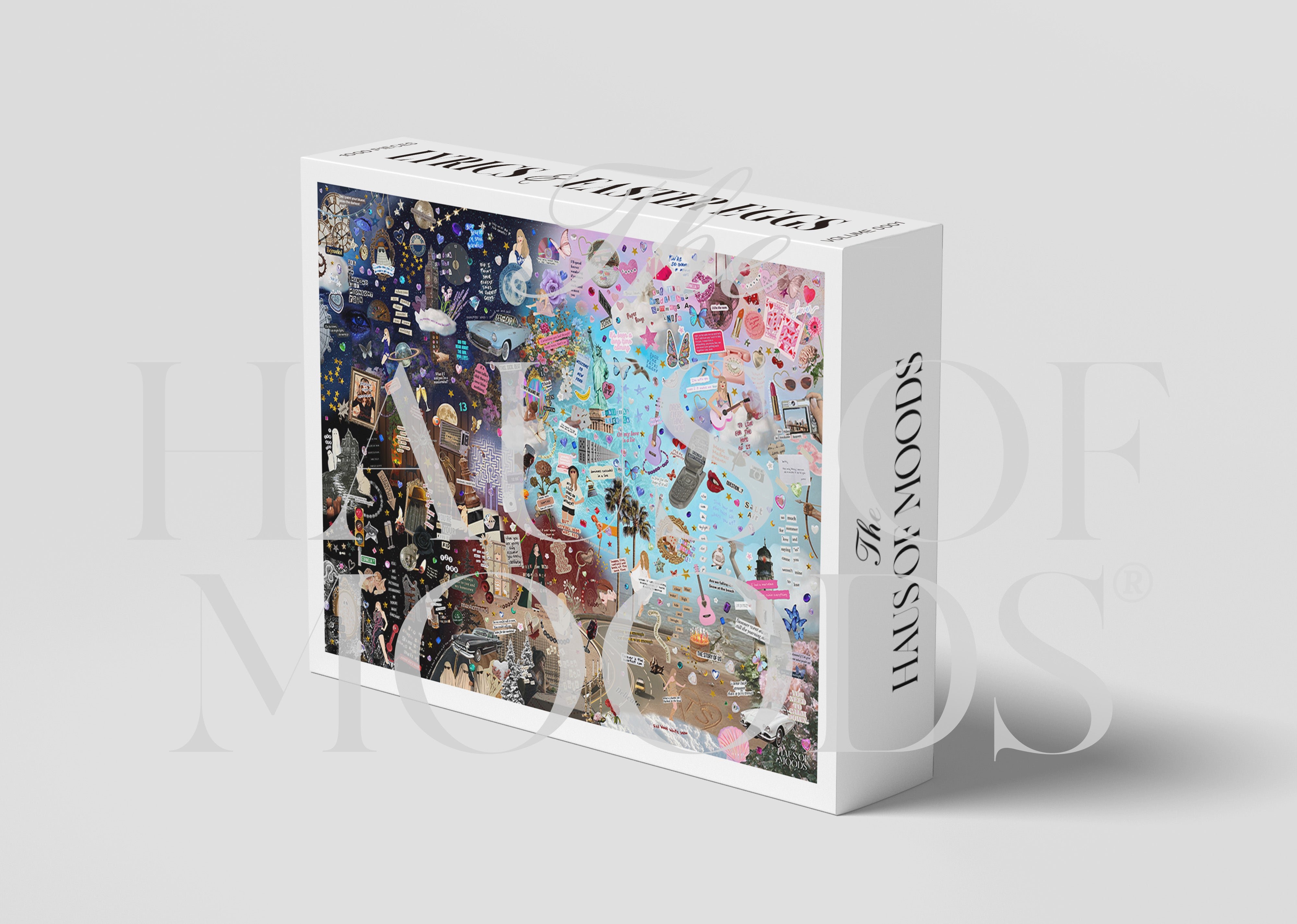 Taylor Eras 500-piece jigsaw puzzle showing Easter eggs and song lyrics, Taylor Swift-inspired puzzle with intricate lyrics design, Completed Haus of Moods Taylor Eras puzzle