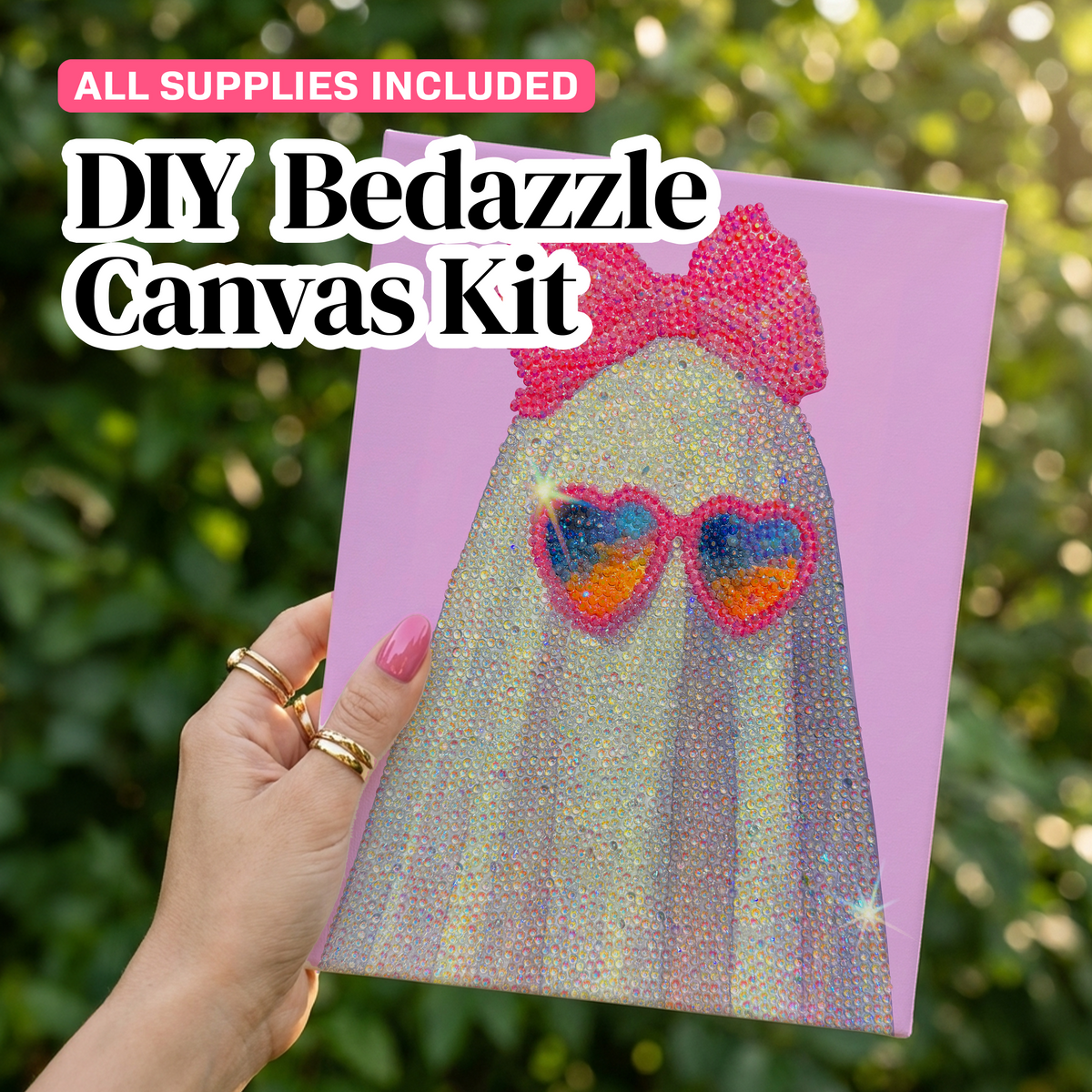 Pink Bow Ghost in Heart Sunglasses DIY Rhinestone Canvas Kit | Halloween Bedazzle Wall Art
