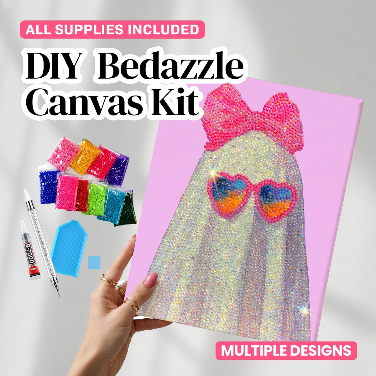 Pink Bow Ghost in Heart Sunglasses DIY Rhinestone Canvas Kit | Halloween Bedazzle Wall Art