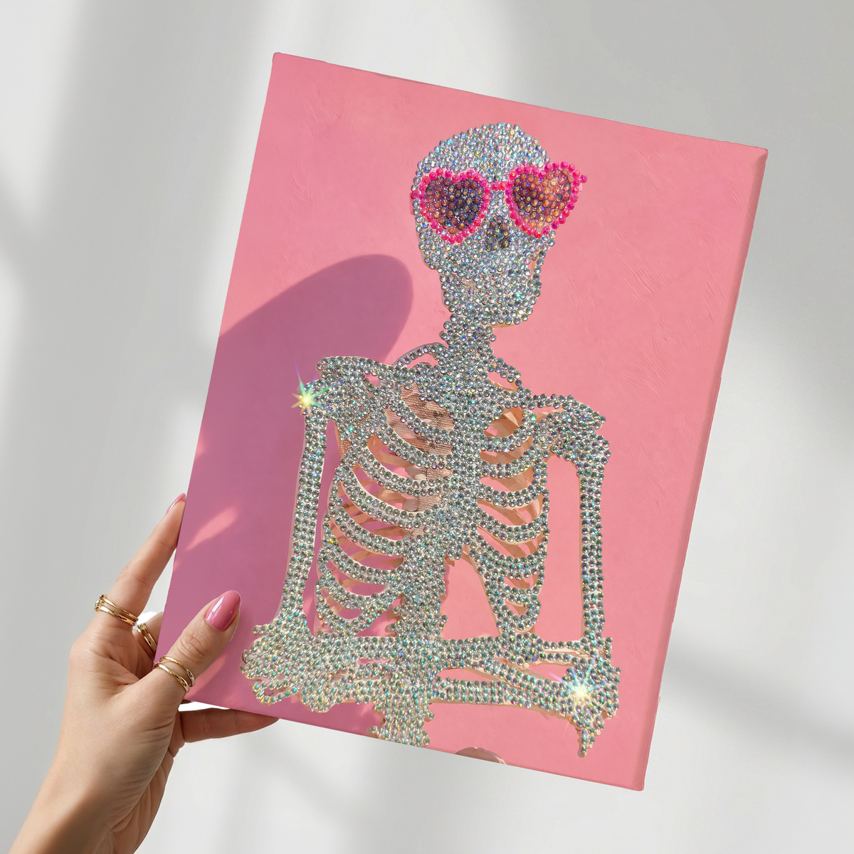 Pink Skeleton in Heart Sunglasses DIY Rhinestone Canvas Kit | Halloween Bedazzle Wall Art