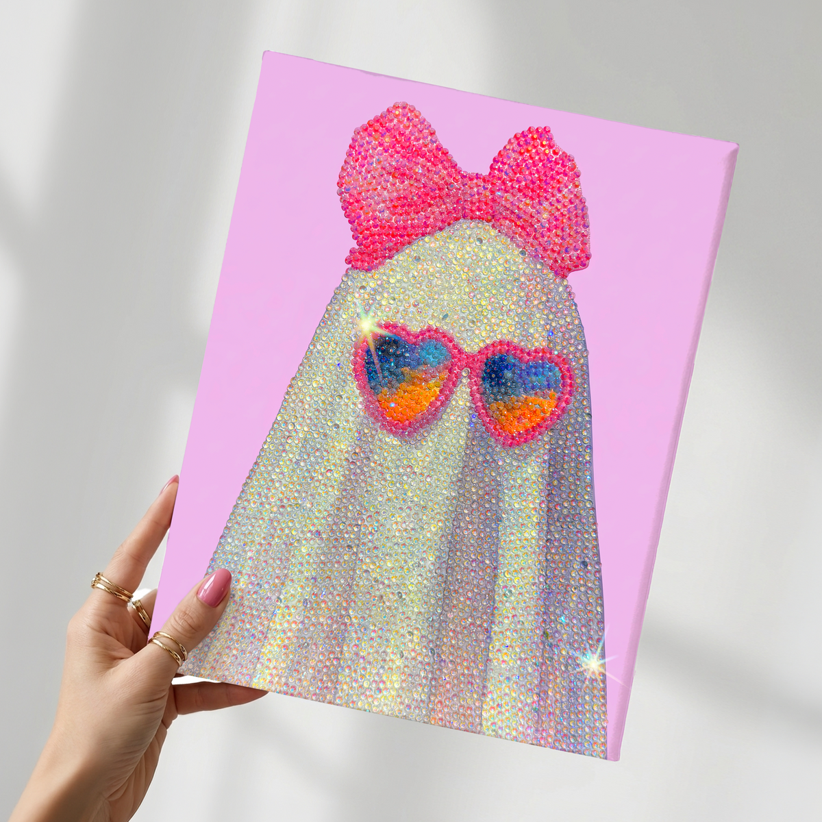Pink Bow Ghost in Heart Sunglasses DIY Rhinestone Canvas Kit | Halloween Bedazzle Wall Art