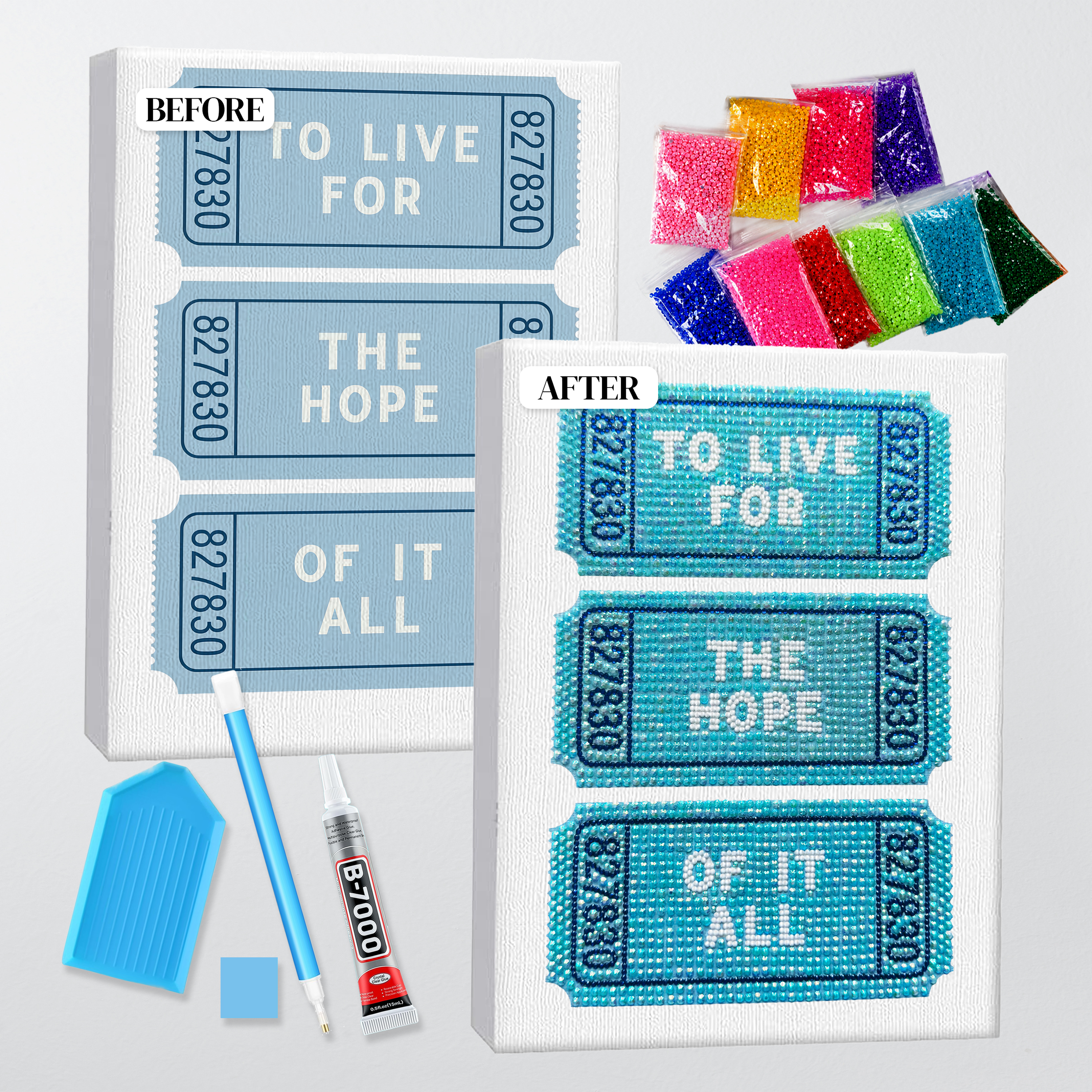 Before and after of the Eras Tour ticket bedazzle kit, printed canvas beside the finished rhinestone piece