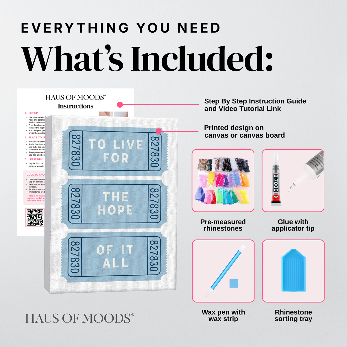 Everything included in the Eras Tour ticket DIY bedazzle kit: printed canvas, pre-sorted rhinestones, B-7000 glue, wax pen and sorting tray
