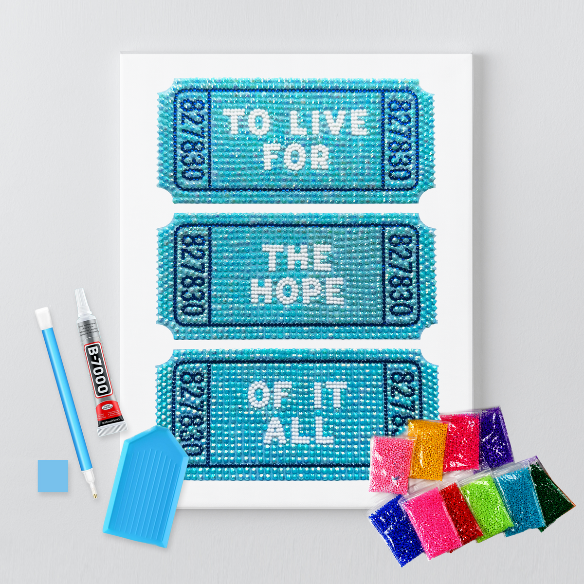 Eras Tour ticket rhinestone canvas kit shown in a styled room