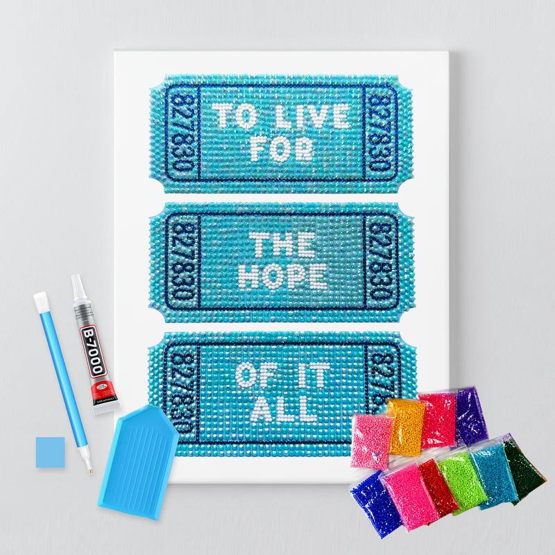 Eras Tour ticket rhinestone canvas kit shown in a styled room