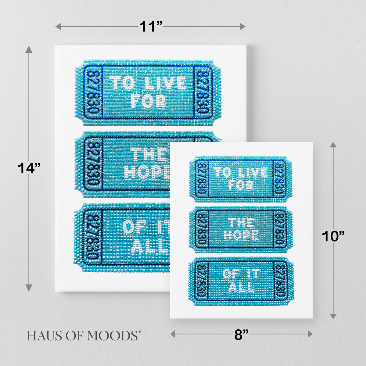 Eras Tour ticket bedazzle canvas kit size comparison, 8x10 and 11x14