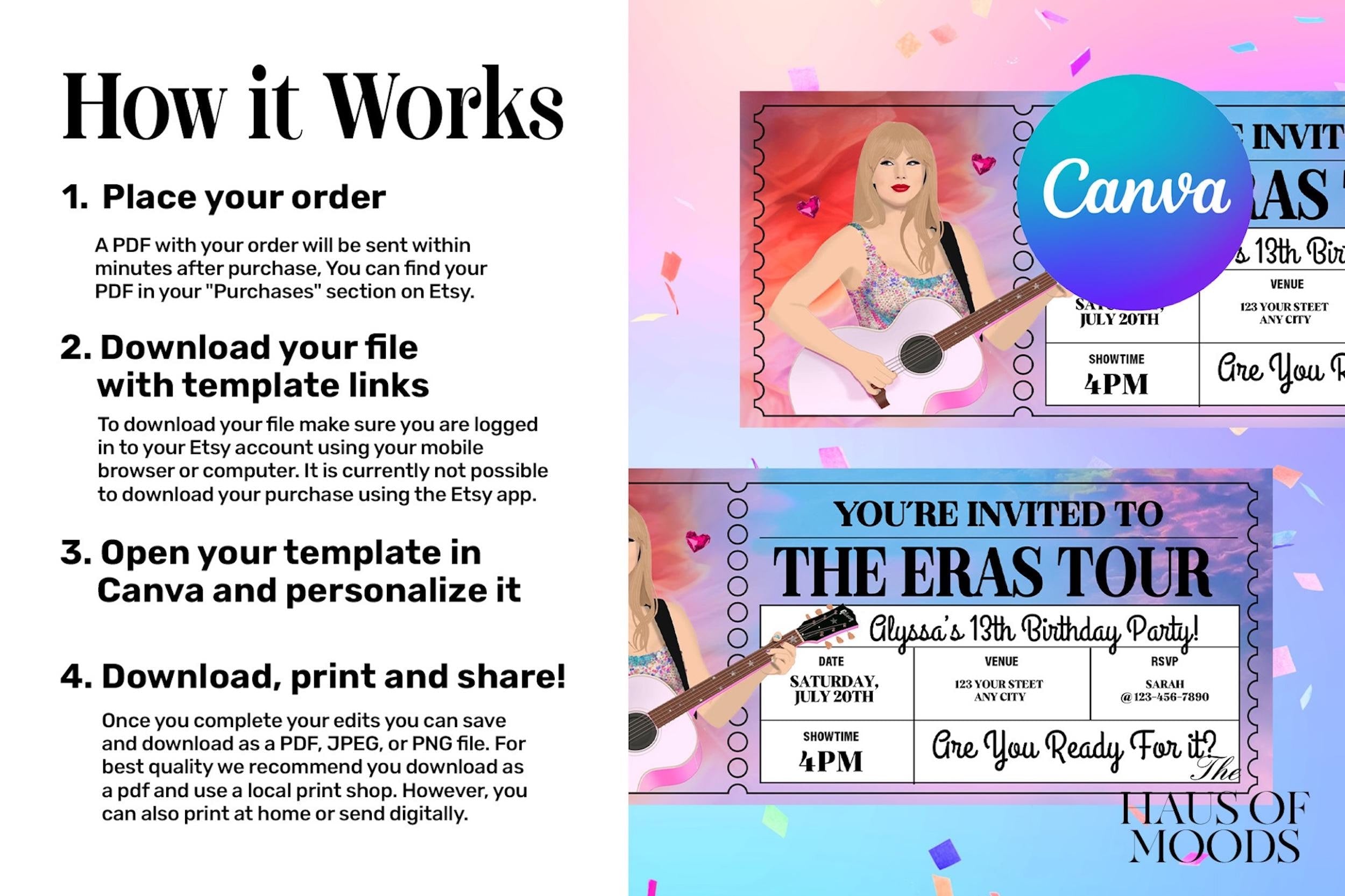 The Eras Tour birthday party, Printable Taylor Swif editable my bday era invitation, girl birthday, eras invitation, in my birthday era, taylor invite, canva template, birthday era  taylor swiftiee party, eras tour invitation, birthday invite