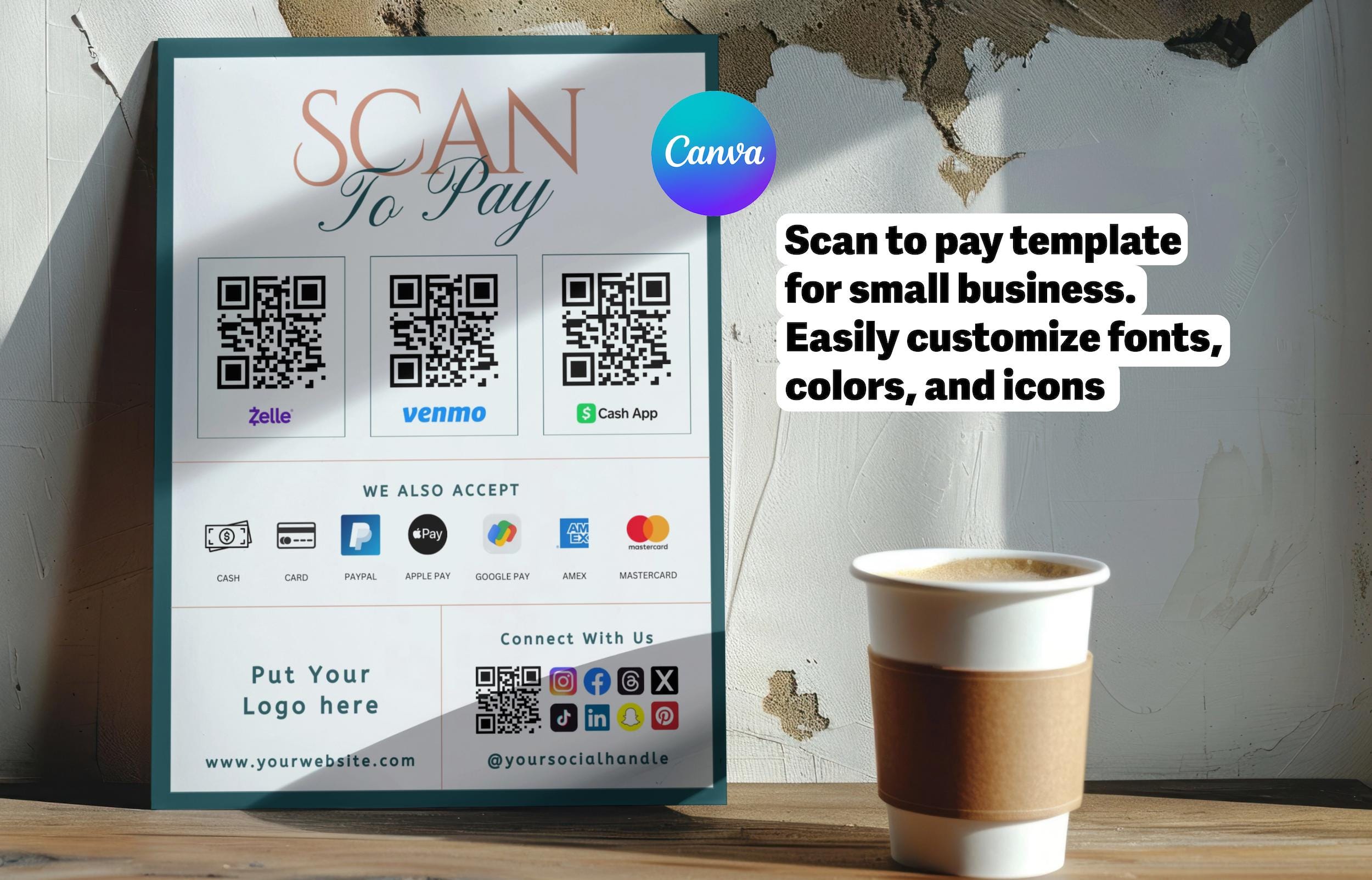 Scan To Pay Templates, Qr Code Sign, Small Business, Editable Canva Template,Paypal Payment Sign, Venmo Sign, Business Sign, Printable Sign