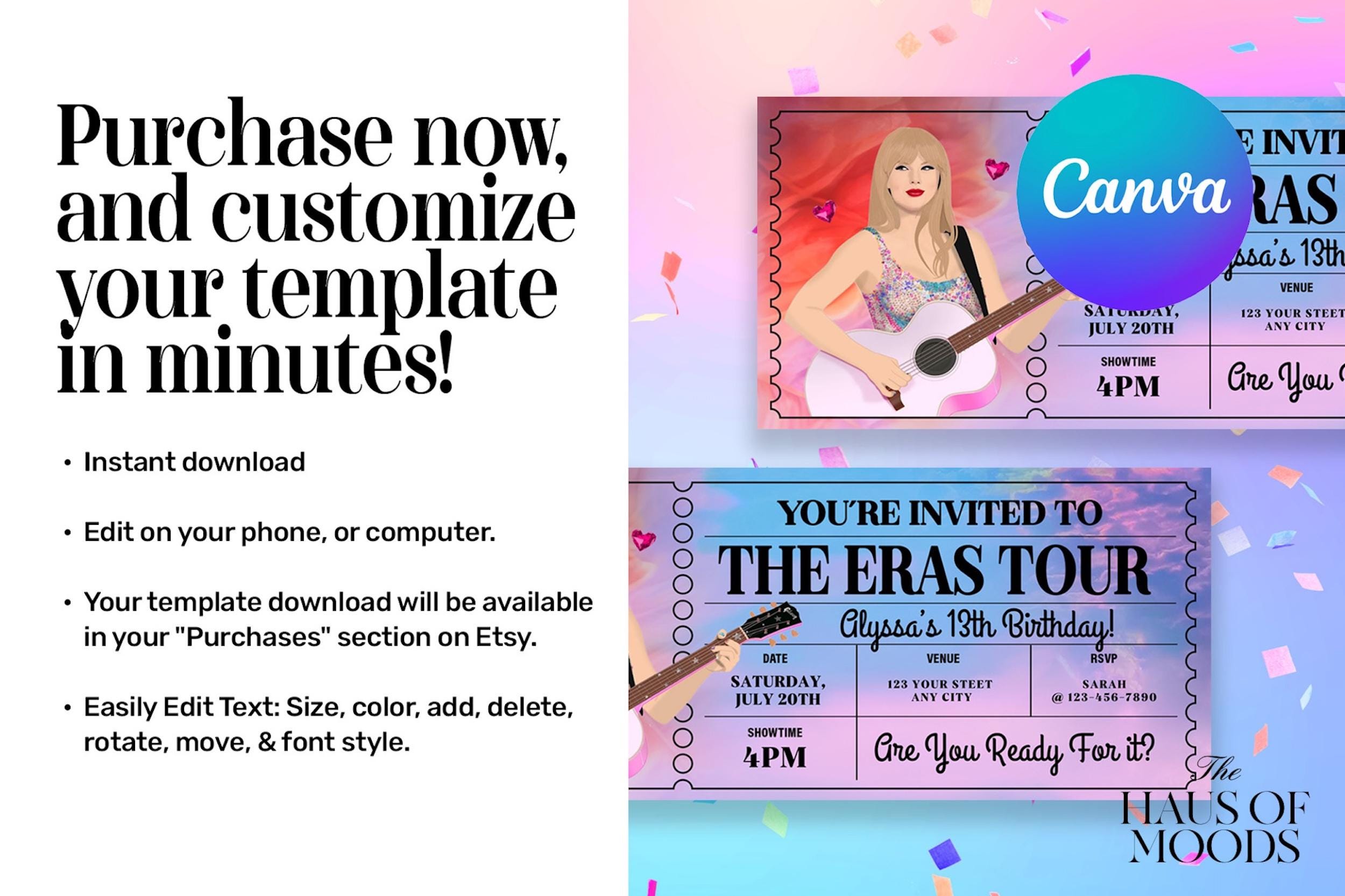 The Eras Tour birthday party, Printable Taylor Swif editable my bday era invitation, girl birthday, eras invitation, in my birthday era, taylor invite, canva template, birthday era  taylor swiftiee party, eras tour invitation, birthday invite