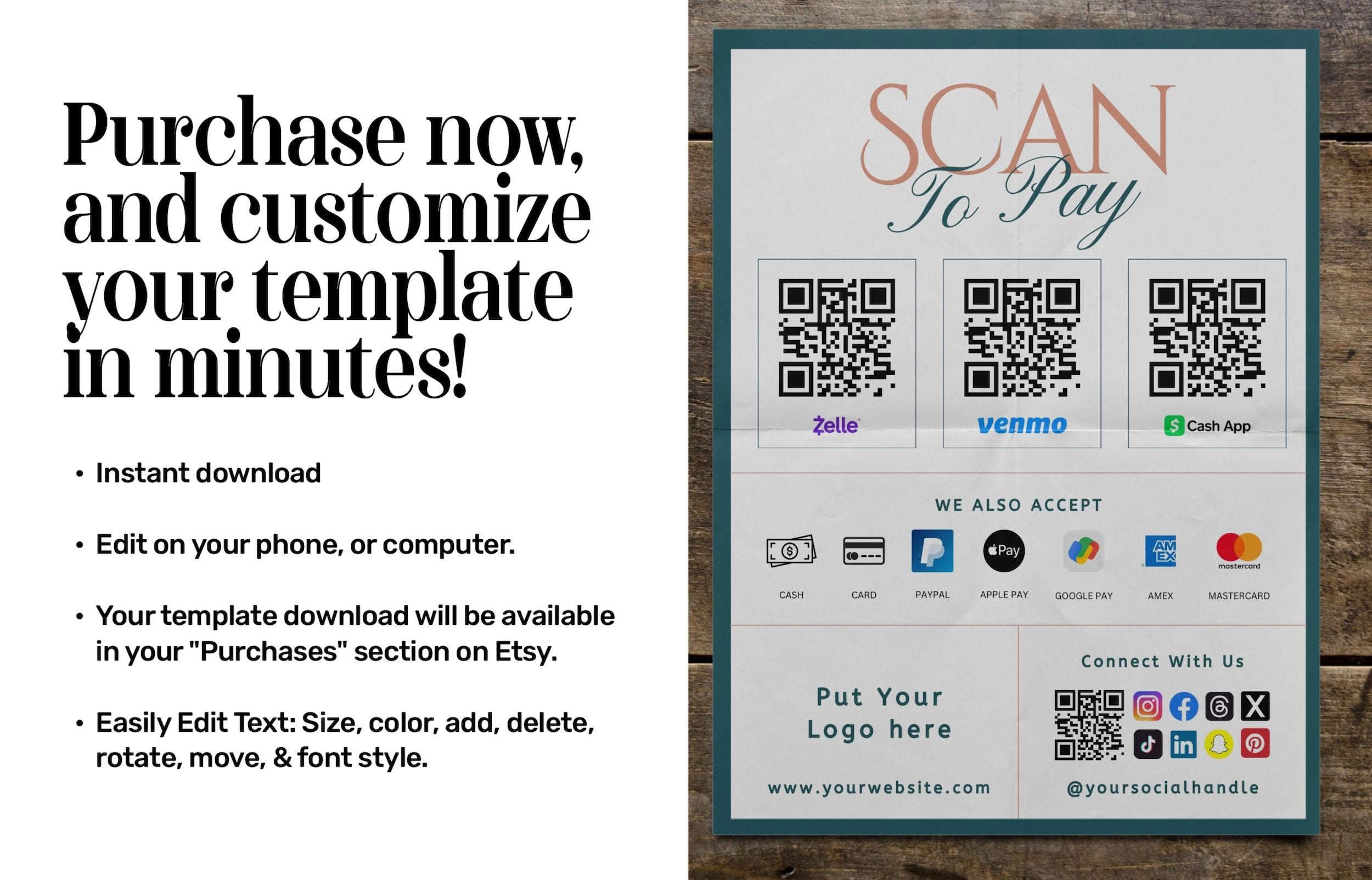 Scan To Pay Template, Qr Code Sign, Small Business, Editable Canva Template,Paypal Payment Sign, Venmo Sign, Business Sign, Printable Sign