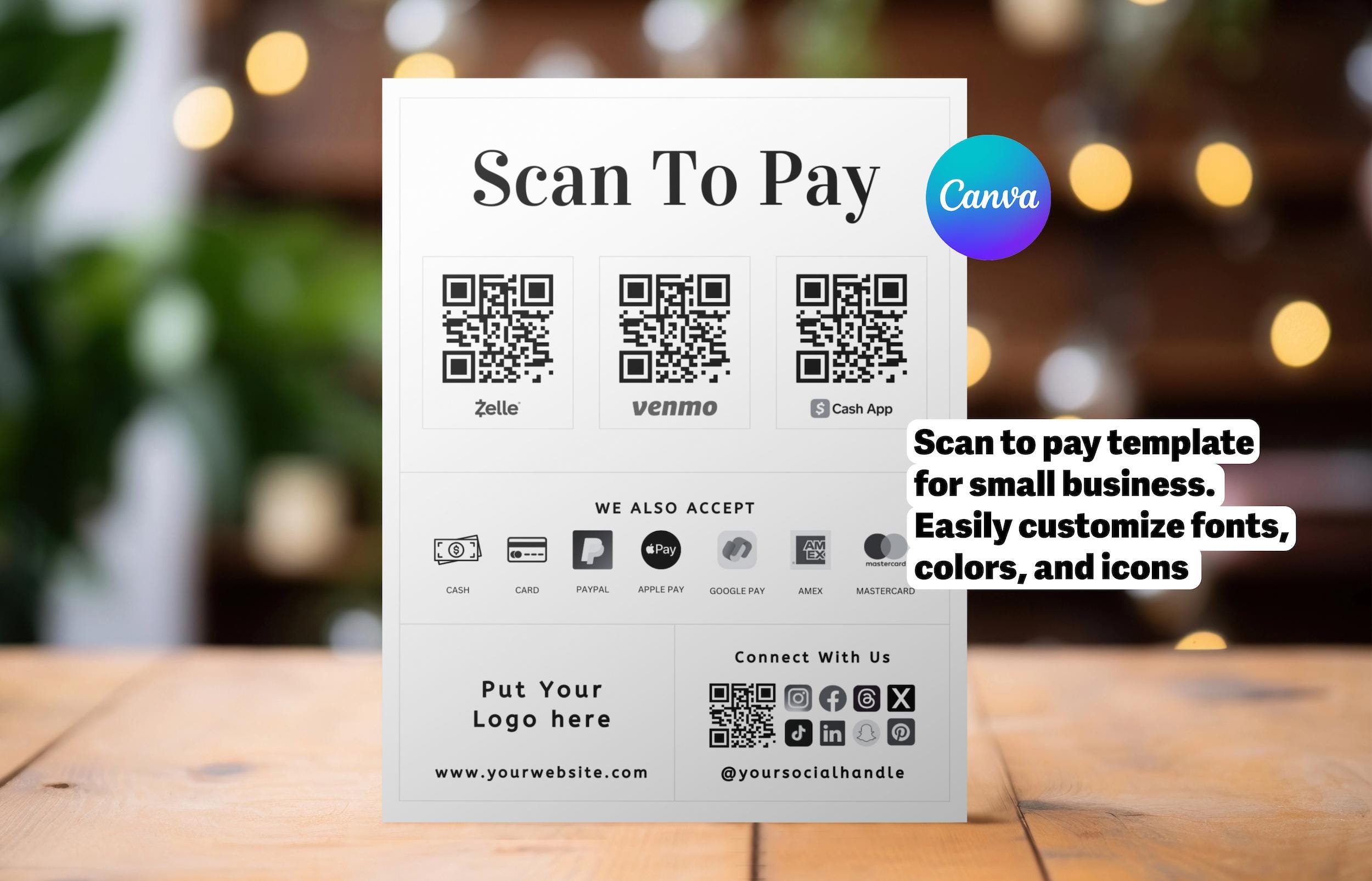 Scan To Pay Template, Qr Code Sign, Small Business, Editable Canva Template,Paypal Payment Sign, Venmo Sign, Business Sign, Printable Sign