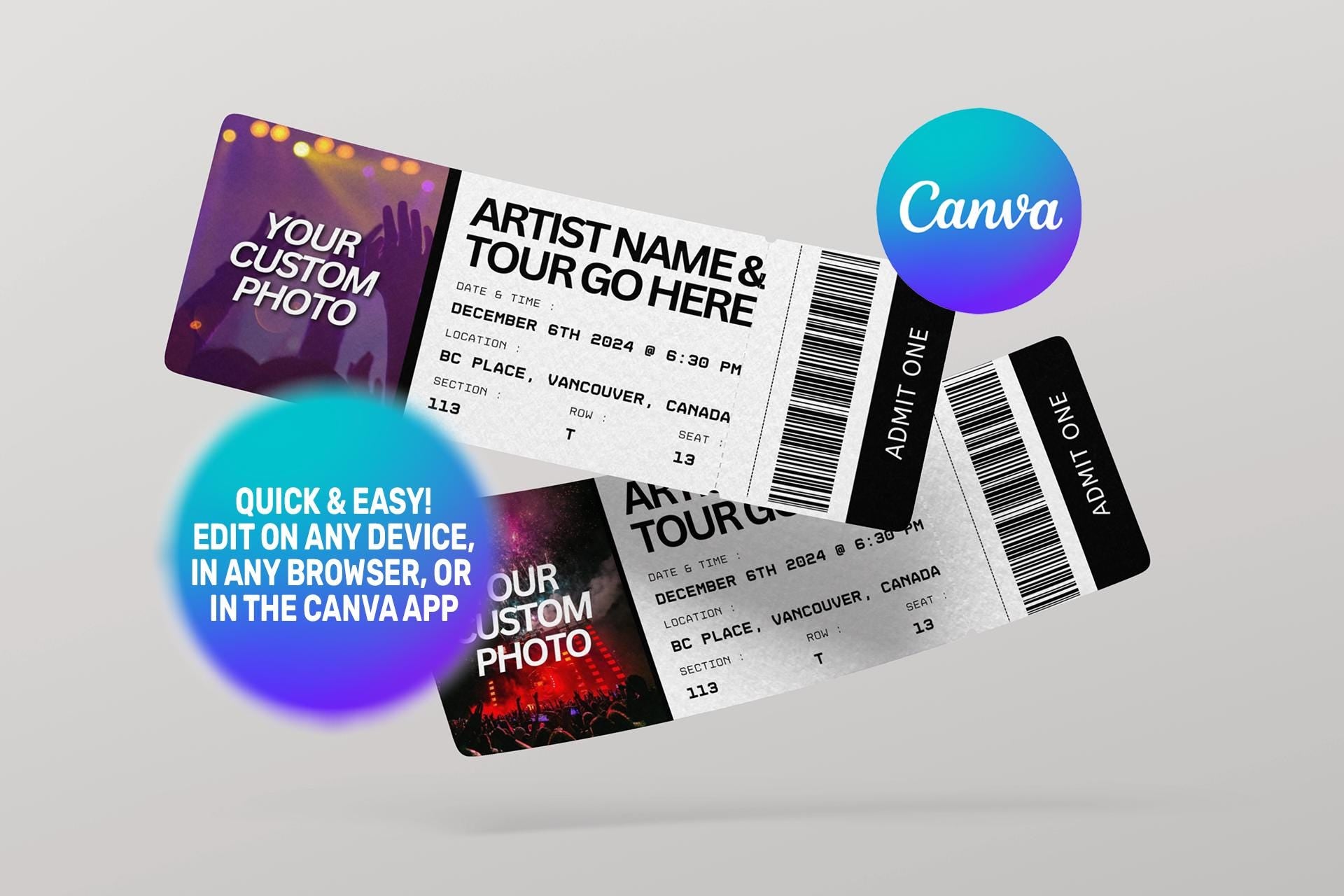 gift for her,personalized gifts,concert ticket gift,custom ticket,concert ticket,anniversary gift,diy event ticket,template editable,event ticket,ticket template,canva template,editable template,printable tickets