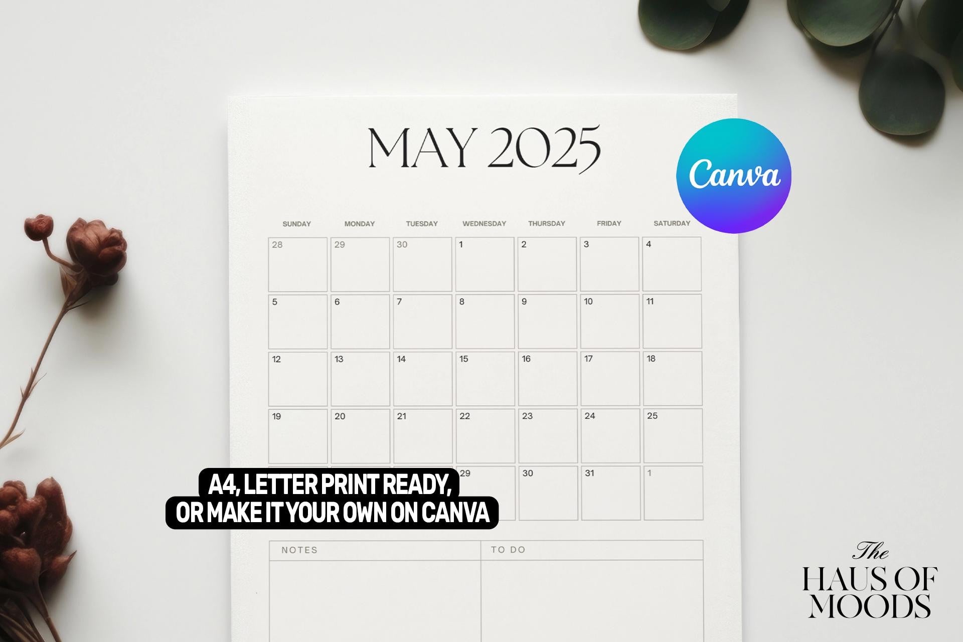 2025 Calendar | Printable Monthly Planner | Elegant Minimalist Design | Portrait A4 Letter Sizes | Sunday & Monday Start | Digital PDF