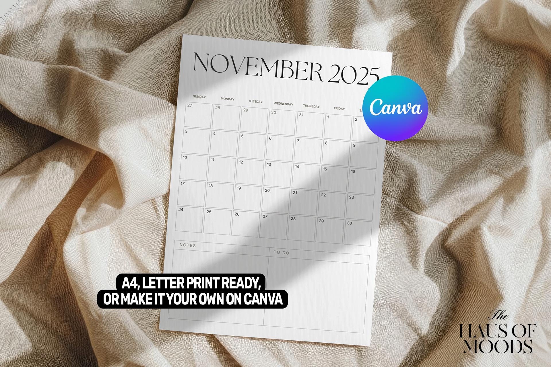 2025 Calendar | Printable Monthly Planner | Elegant Minimalist Design | Portrait A4 Letter Sizes | Sunday & Monday Start | Digital PDF