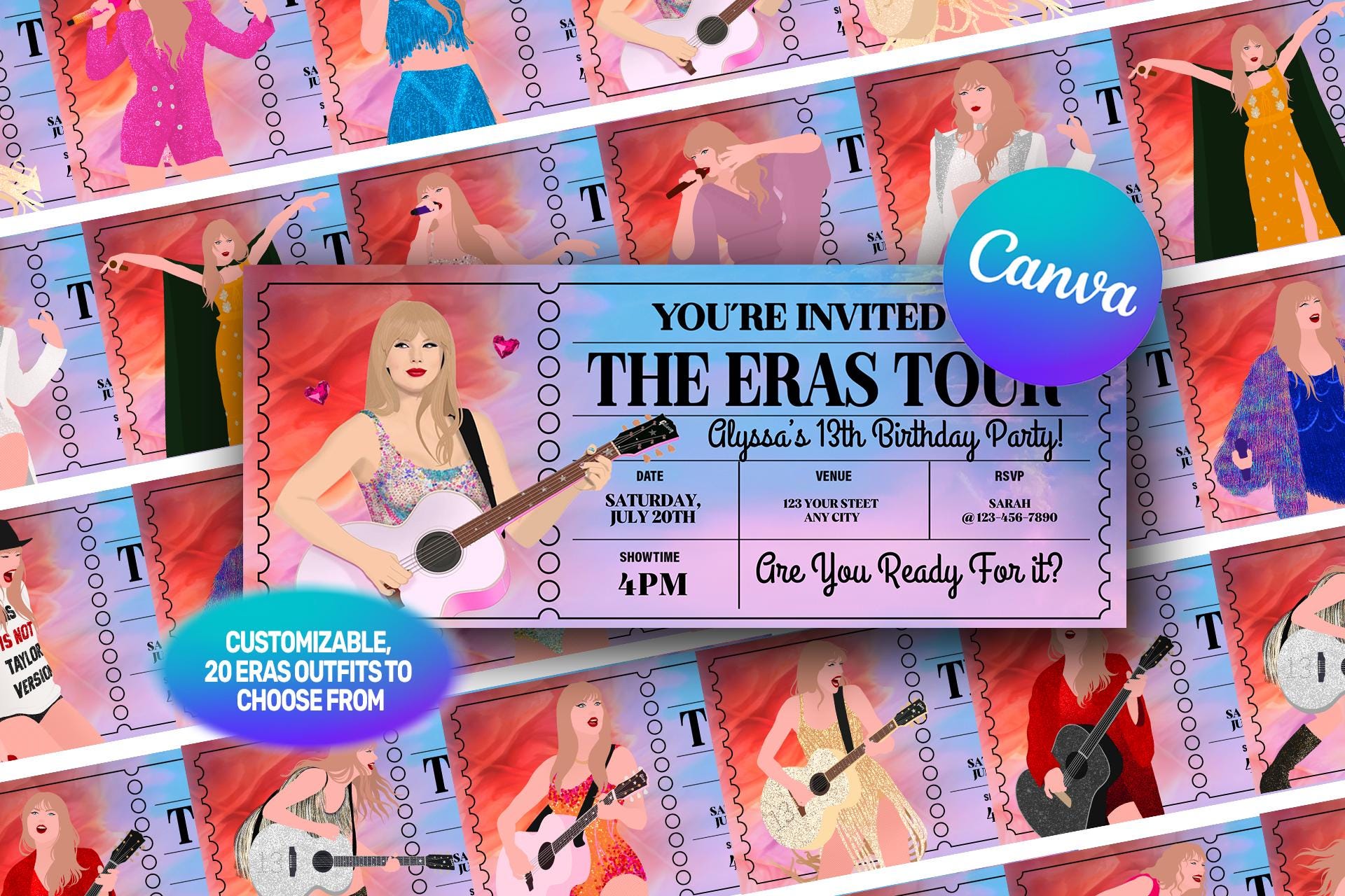 The Eras Tour birthday party, Printable Taylor Swif editable my bday era invitation, girl birthday, eras invitation, in my birthday era, taylor invite, canva template, birthday era  taylor swiftiee party, eras tour invitation, birthday invite