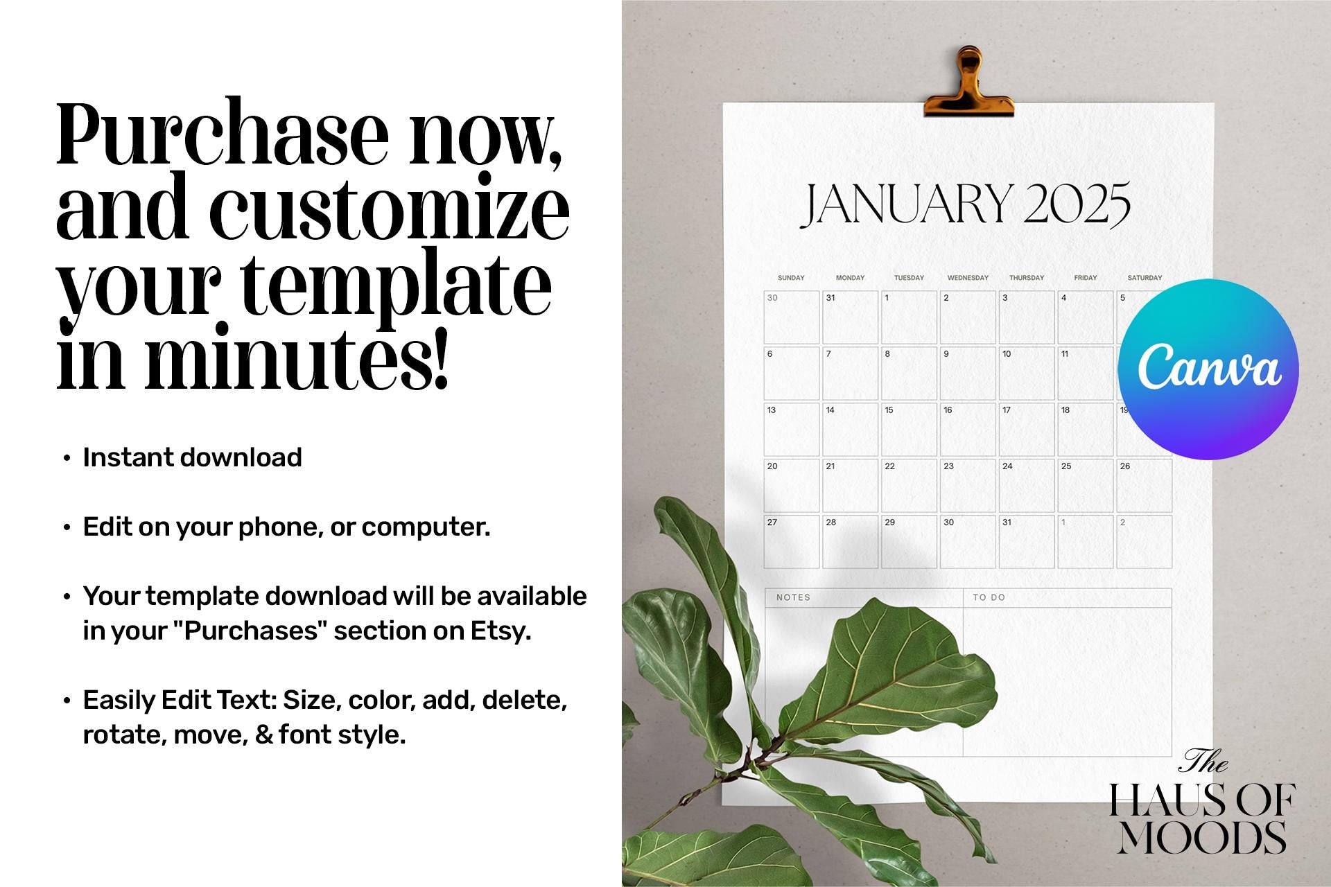 2025 Calendar | Printable Monthly Planner | Elegant Minimalist Design | Portrait A4 Letter Sizes | Sunday & Monday Start | Digital PDF